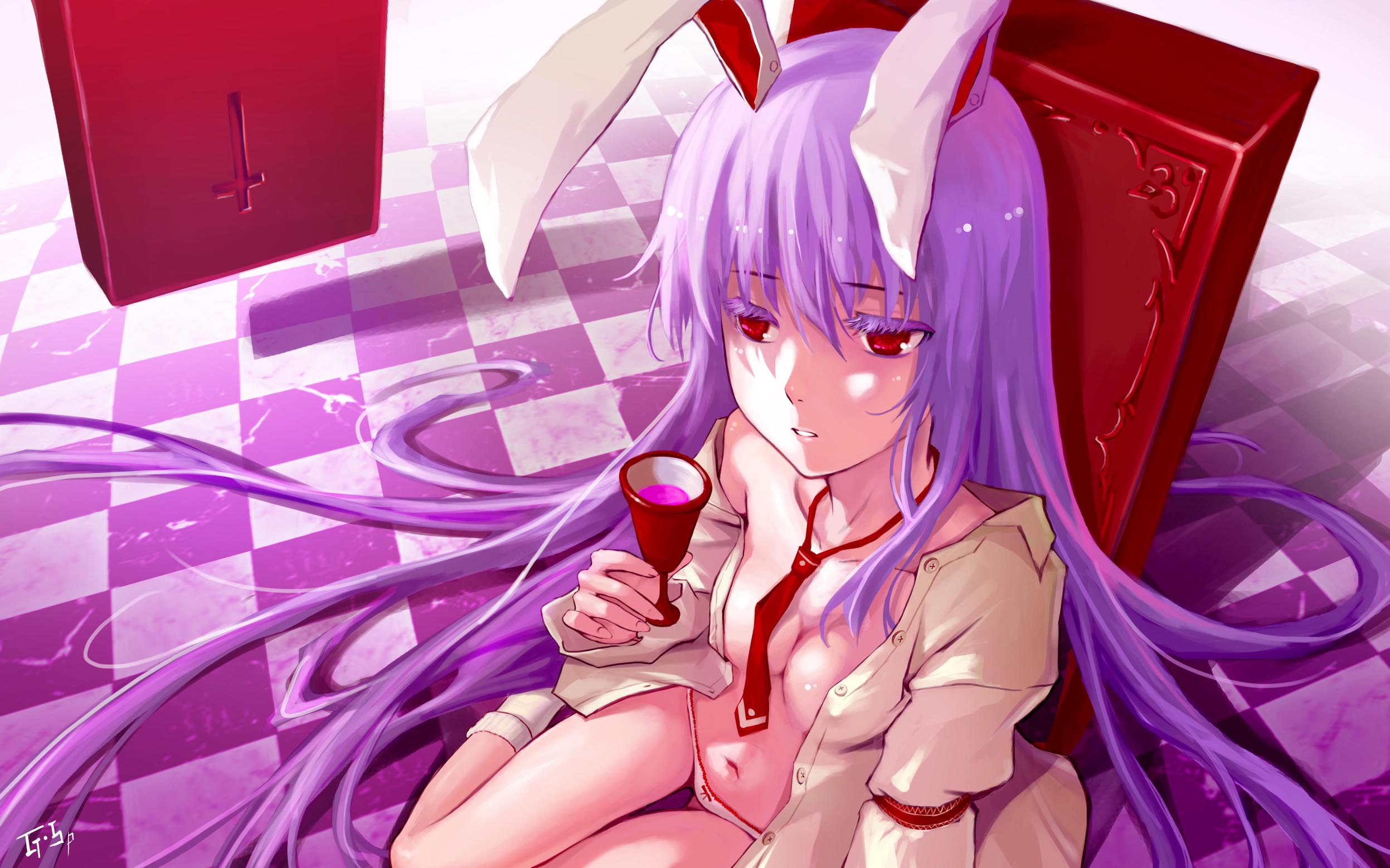 as109, reisen udongein inaba, touhou, bad id, bad pixiv id, highres, 1girl, animal ears, breasts, covered erect nipples, dress shirt, female focus, long hair, no bra, open clothes, open shirt, panties, purple hair, purple theme, rabbit ears, red eyes, shirt, solo, underwear