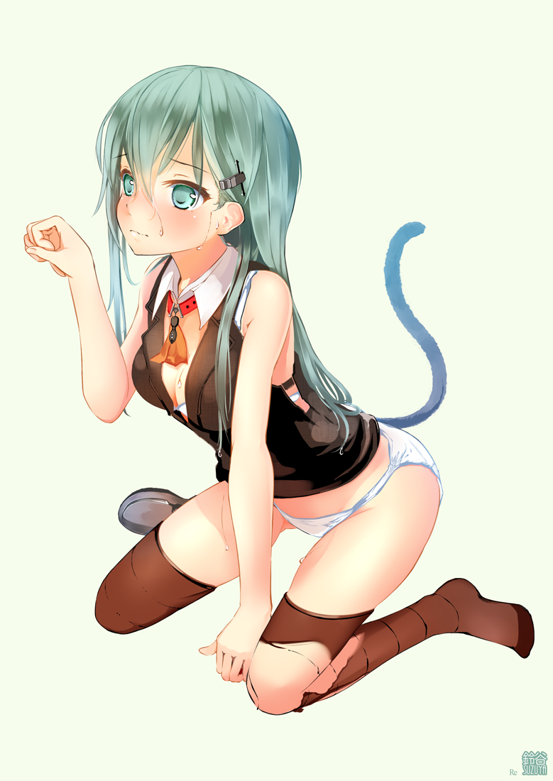 miyabi (miyabi), suzuya (kancolle), kantai collection, commentary request, revision, 1girl, aqua eyes, aqua hair, bare arms, blush, breasts, cat tail, cleavage, full body, hand up, kneeling, long hair, medium breasts, panties, simple background, solo, sweat, tail, tail raised, thighhighs, torn clothes, torn thighhighs, underwear