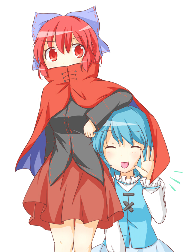 puchimirin, sekibanki, tatara kogasa, touhou, commentary request, revision, 2girls, ^ ^, arm on another's head, blue eyes, blue hair, blush, bow, cape, closed eyes, covered mouth, hair bow, large bow, multiple girls, red eyes, red hair, short hair, simple background, sitting, skirt, tongue, tongue out, tunic, white background