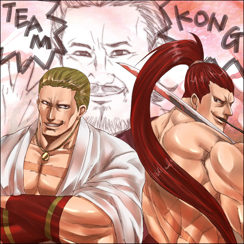 geese howard, kibagami genjuro, samurai spirits, snk, the king of fighters, lowres, katana, male focus, muscular, red hair, sword, weapon