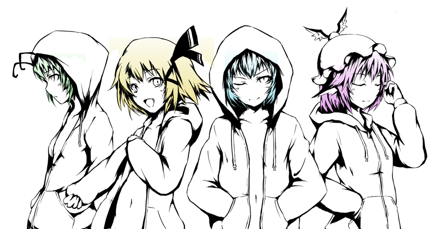 crost, cirno, mystia lorelei, rumia, wriggle nightbug, touhou, bad id, bad pixiv id, 4girls, alternate costume, animal ears, antennae, blonde hair, blue hair, closed eyes, contemporary, green hair, hair ribbon, hands in pockets, hat, high contrast, hood, hooded jacket, jacket, multiple girls, navel, no bra, no shirt, one eye closed, pink hair, ribbon, smile, team 9 (touhou), wink
