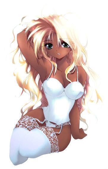 odagiri sakura, michael (bastard!!), bastard!!, 1girl, armpits, blonde hair, breasts, corset, dark-skinned female, dark skin, female focus, ganguro, garter belt, green eyes, gyaru, hand in own hair, large breasts, lingerie, long hair, parted lips, simple background, solo, thighhighs, underwear, white background, white thighhighs