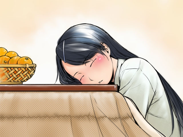 ino (magloid), mochizuki nonoka, otome function, 1girl, black hair, blush, closed eyes, female focus, food, fruit, hair ornament, kotatsu, mandarin orange, saliva, sleeping, solo, table