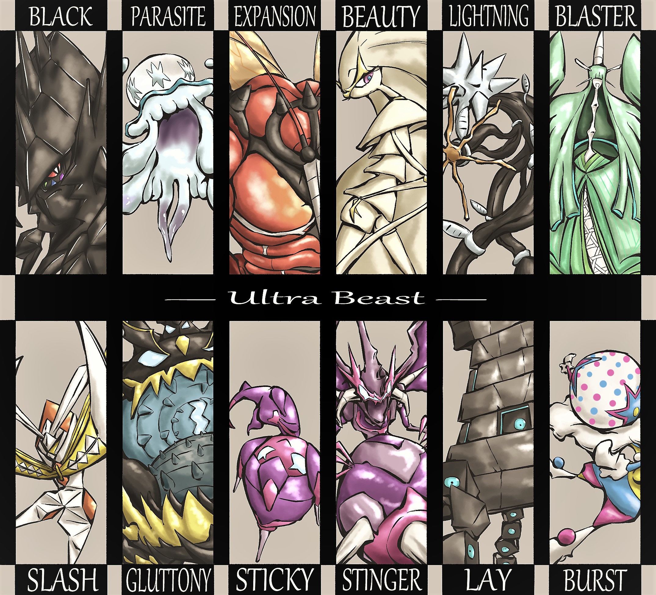 ken hollow, blacephalon, buzzwole, celesteela, guzzlord, kartana, naganadel, necrozma, nihilego, pheromosa, poipole, stakataka, xurkitree, nintendo, pokemon, commentary request, highres, antennae, aqua eyes, blue pupils, cable, closed mouth, colored sclera, english text, gen 7 pokemon, insect wings, legendary pokemon, open mouth, pokemon (creature), pokemon focus, purple eyes, red sclera, spikes, tentacles, ultra beast, white eyes, wings