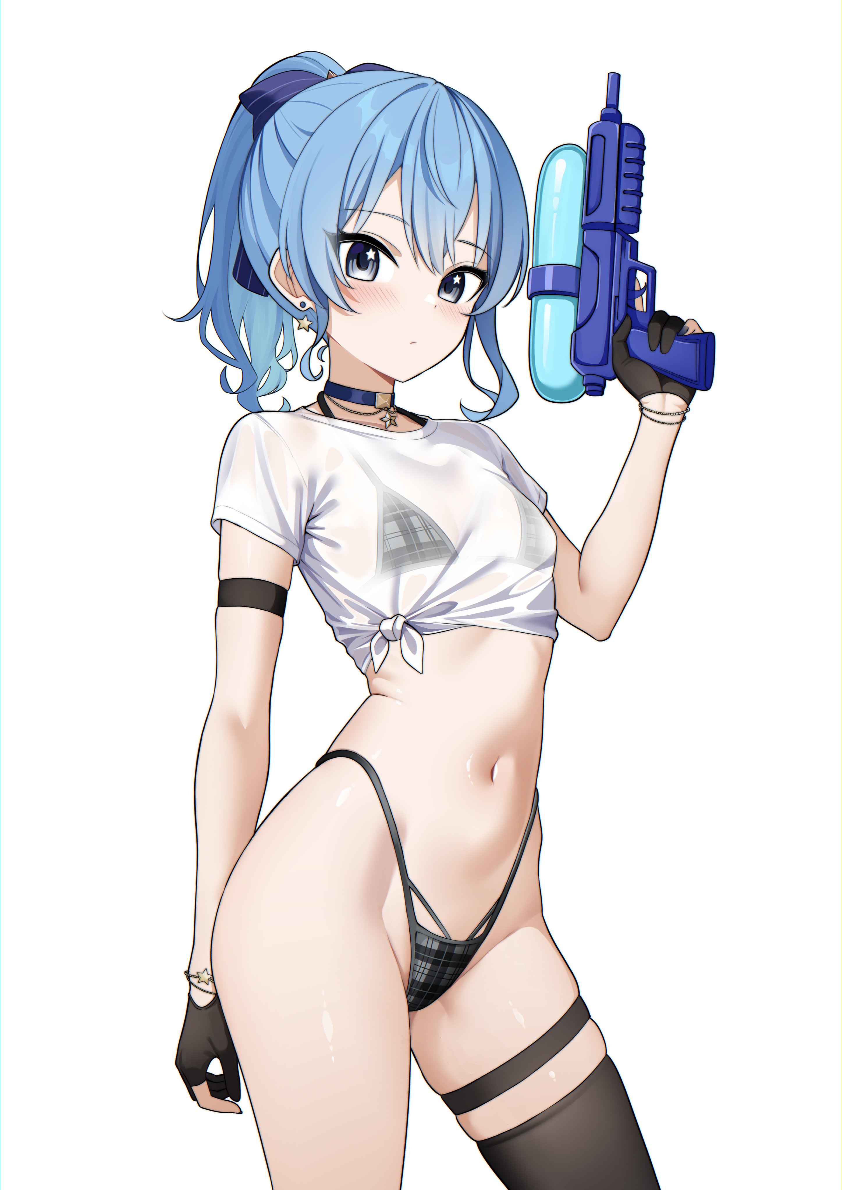 raikkonen, hoshimachi suisei, hololive, absurdres, commentary, highres, 1girl, arm strap, bikini, bikini under clothes, black gloves, black thighhighs, blue choker, blue eyes, blue hair, blue ribbon, breasts, choker, closed mouth, double-parted bangs, earrings, gloves, grey bikini, hair between eyes, hair ribbon, hand up, highleg, highleg bikini, holding, holding water gun, jewelry, looking at viewer, navel, partially fingerless gloves, pendant choker, plaid bikini, plaid clothes, ponytail, ribbon, see-through clothes, see-through shirt, shirt, sidelocks, simple background, single thighhigh, small breasts, solo, star (symbol), star earrings, star in eye, star pendant, stomach, swimsuit, symbol in eye, t-shirt, thigh strap, thighhighs, tied shirt, trigger discipline, virtual youtuber, water gun, white background