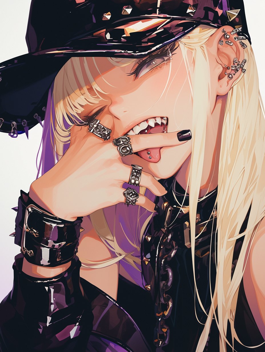 tarte (hodarake), highres, tagme, 1girl, blonde hair, nail polish, one eye closed, piercing, tongue, tongue out, tongue piercing, wink