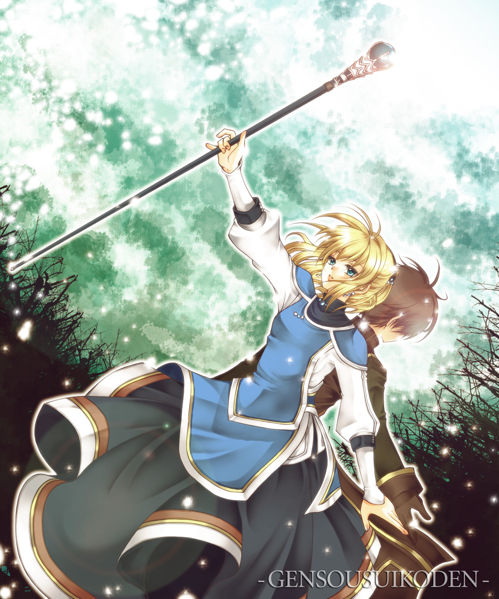 nagatsuki itsuka, luc (suikoden), sarah (suikoden iii), gensou suikoden, gensou suikoden iii, highres, 1boy, 1girl, back-to-back, black dress, blonde hair, blue eyes, copyright name, dress, earrings, gloves, green background, hair ornament, half updo, jewelry, short hair, staff