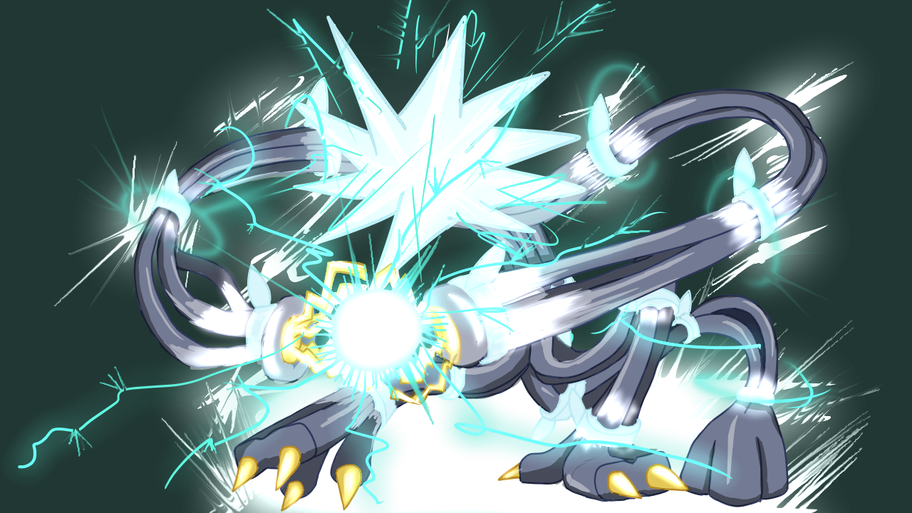 xurkitree, nintendo, pokemon, commentary request, cable, electricity, energy ball, full body, gen 7 pokemon, gigavolt havoc (pokemon), glowing, green eyes, no humans, pokemon (creature), pokemon focus, pokemon move, solo, tokagegege, ultra beast, z-move