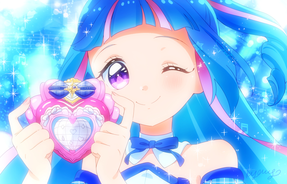 kyanos (b 0000ff), aokaze nana, cure wink, kimi to idol precure, precure, 1girl, ;), blue background, blue bow, blue bowtie, blue dress, blue hair, blue theme, bow, bowtie, collar, detached collar, dress, henshin, holding, idol heart brooch (precure), long hair, looking at viewer, magical girl, multicolored hair, off-shoulder dress, off shoulder, one eye closed, one side up, purple eyes, purple hair, smile, solo, sparkle, streaked hair, two-tone hair, white collar