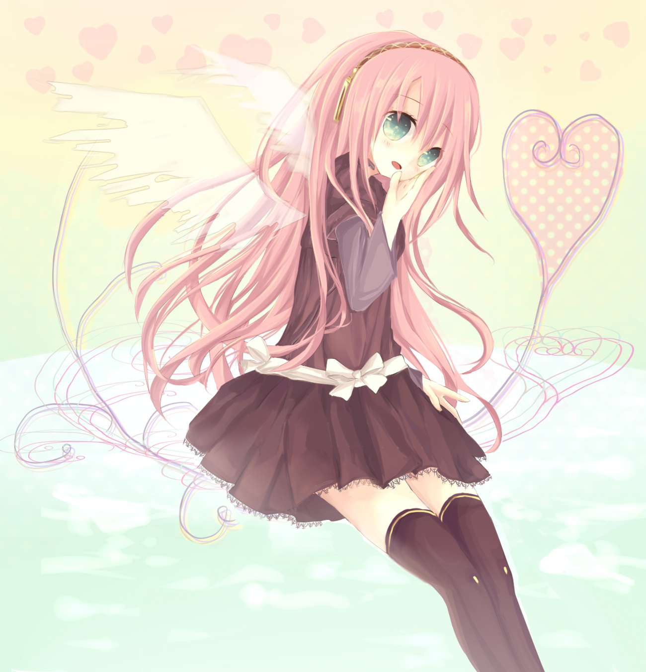 senracemay, megurine luka, vocaloid, bad id, bad pixiv id, highres, dress, headset, lace, long hair, open mouth, pink hair, solo, thighhighs, wings