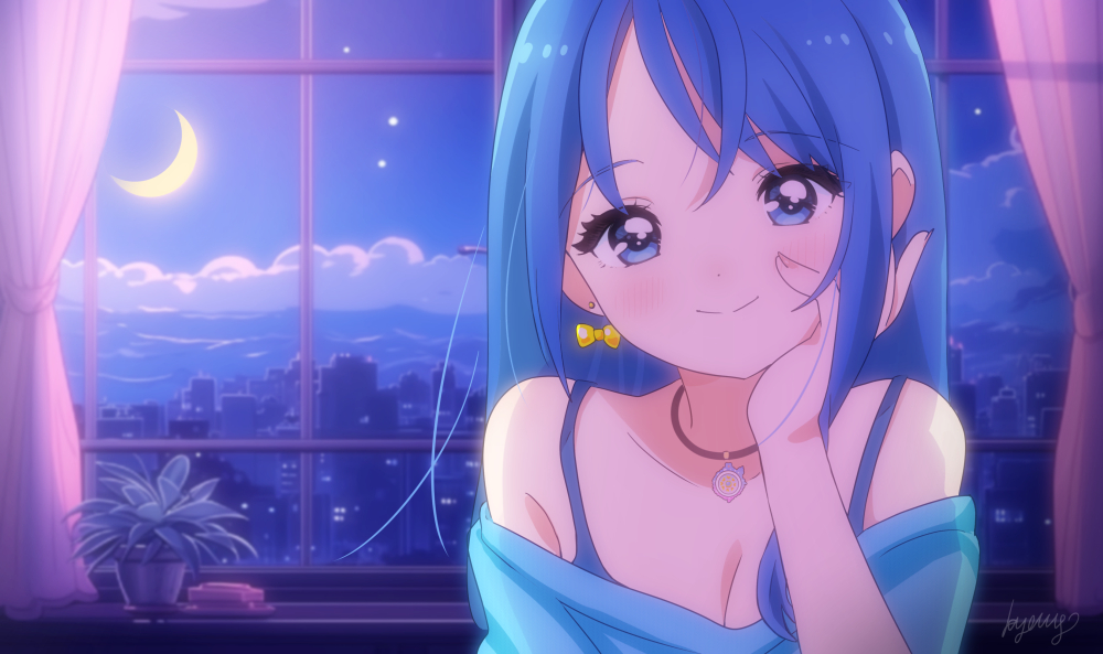kyanos (b 0000ff), sora harewataru, hirogaru sky! precure, precure, commentary request, paid reward available, partial commentary, 1girl, aged up, artist name, blue eyes, blue hair, blue shirt, blush, bow, bow earrings, breasts, cityscape, cleavage, cloud, crescent moon, curtains, earrings, hand on own face, indoors, jewelry, long hair, moon, necklace, night, off-shoulder shirt, off shoulder, shirt, signature, solo, star (sky), window