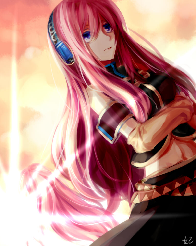 baocaiwangfei, megurine luka, vocaloid, bad id, bad pixiv id, detached sleeves, headset, long hair, midriff, pink hair, solo