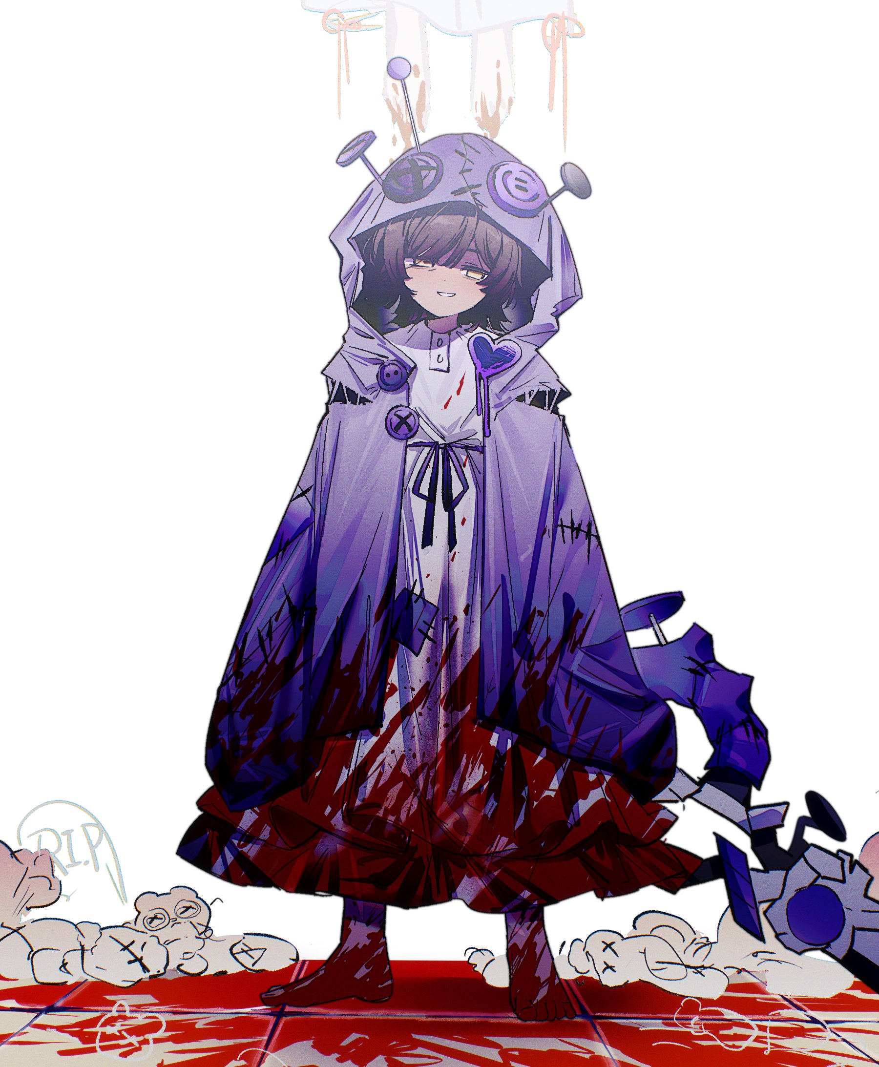 outis (project moon), limbus company, project moon, highres, 1girl, blood, blood on clothes, blood on ground, brown hair, e.g.o (project moon), full body, heart, hood, hooded jacket, i'll go fer scissors. how 'bout you? (e.g.o), jacket, kan 084, looking at viewer, purple hood, purple jacket, smile, solo, standing, white background, yellow eyes