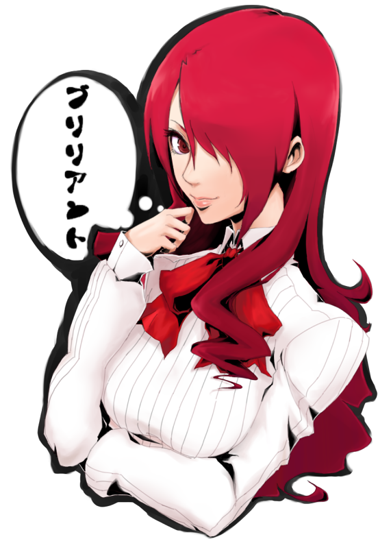 ryu (gojitann), ｒｙｕ－, kirijou mitsuru, atlus, persona, persona 3, translated, 1girl, breasts, female focus, hair over one eye, long hair, red eyes, red hair, school uniform, smile, solo, white background