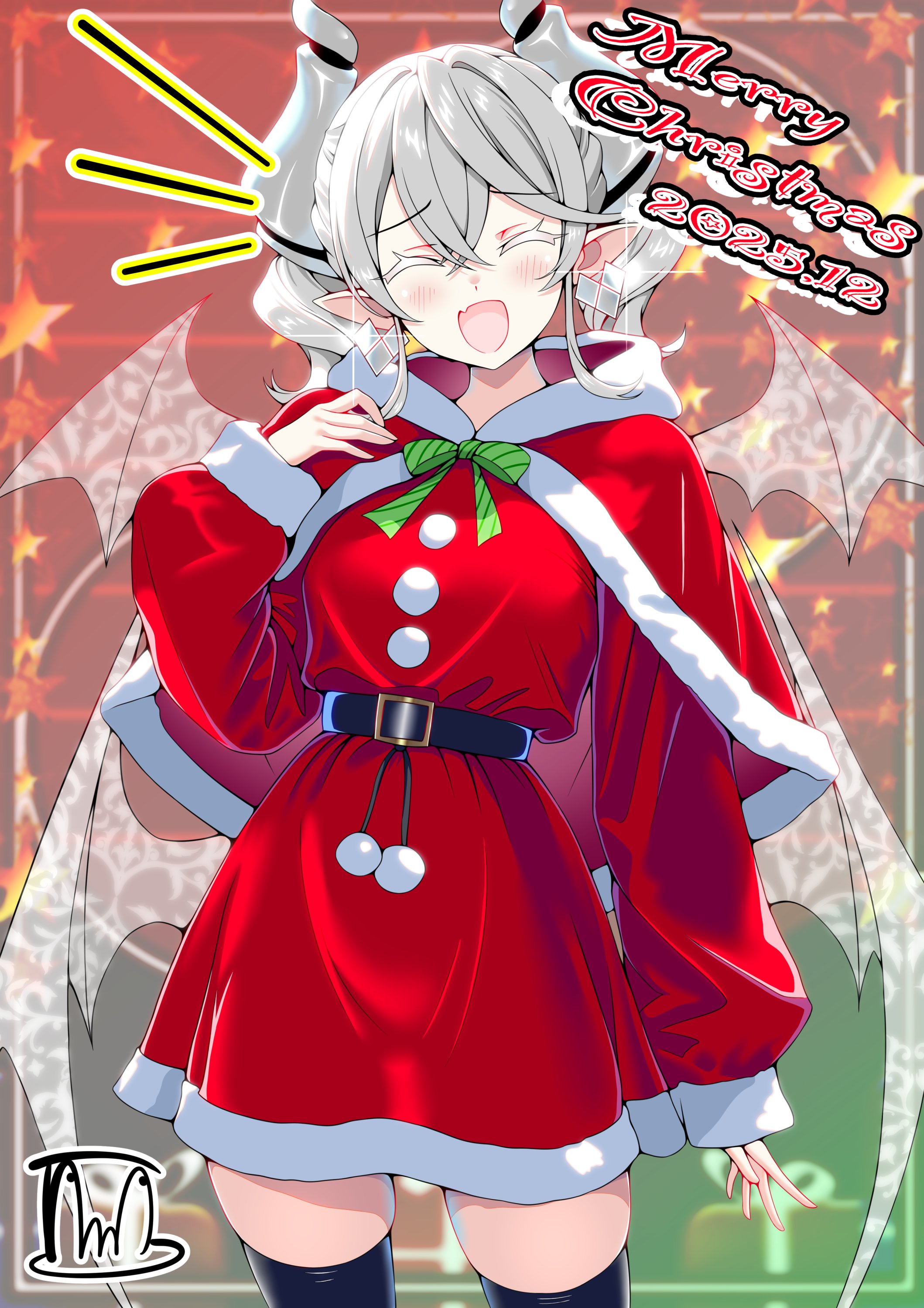 tama amata, lovely labrynth of the silver castle, yu-gi-oh!, absurdres, commentary request, highres, 1girl, belt, black thighhighs, breasts, closed eyes, demon horns, demon wings, dress, earrings, grey hair, horns, jewelry, large breasts, merry christmas, open mouth, santa costume, santa dress, signature, solo, thighhighs, wings