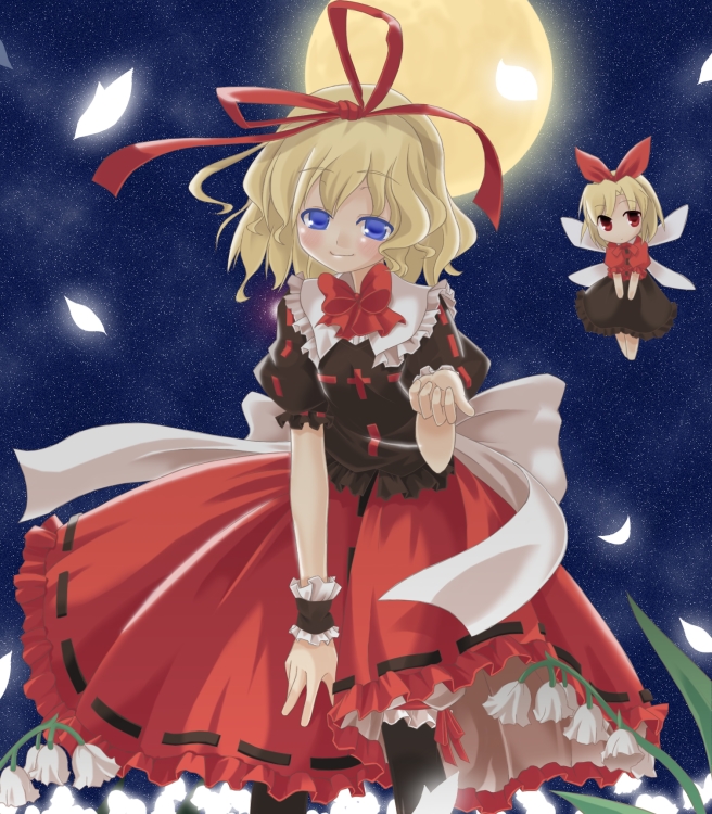 gumoyu, medicine melancholy, su-san, touhou, bad id, bad pixiv id, 1girl, blonde hair, blue eyes, female focus, red eyes, ribbon, short hair, solo