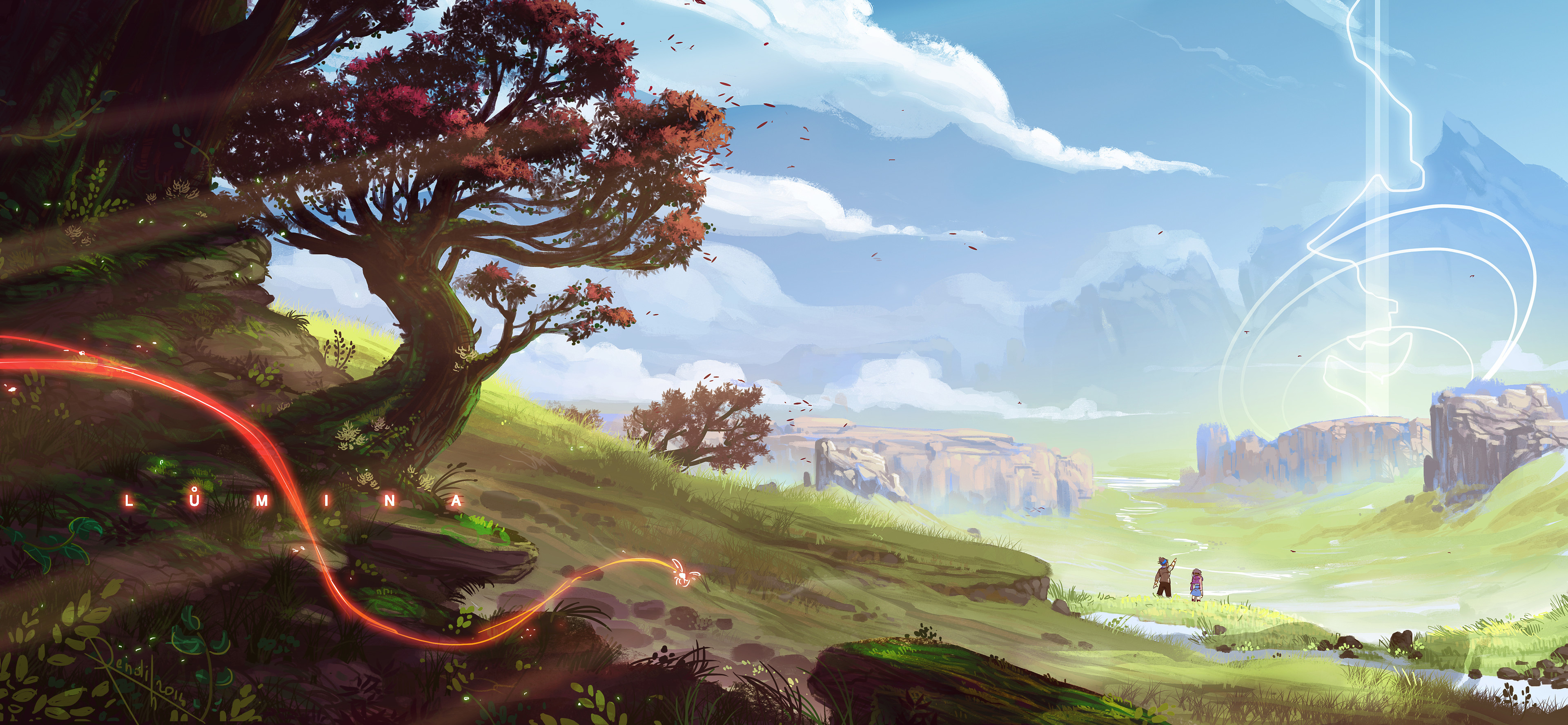 lorenzo lanfranconi, original, absurdres, commentary, english commentary, highres, 1boy, 1girl, blue sky, cloud, day, english text, field, from behind, glowing, grass, grasslands, hill, landscape, leaf, light particles, light rays, moss, mountain, painterly, river, rock, scenery, signature, sky, standing, tree, wind