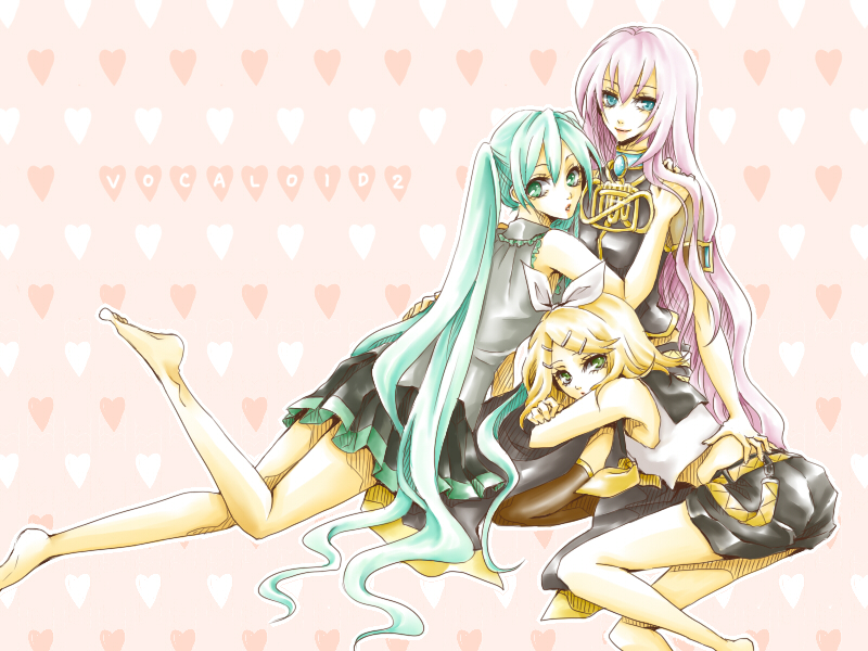 sakura (ms ms ms), hatsune miku, kagamine rin, megurine luka, vocaloid, blonde hair, feet, legs, long hair, pink hair, short hair, skirt, smile, twintails, very long hair