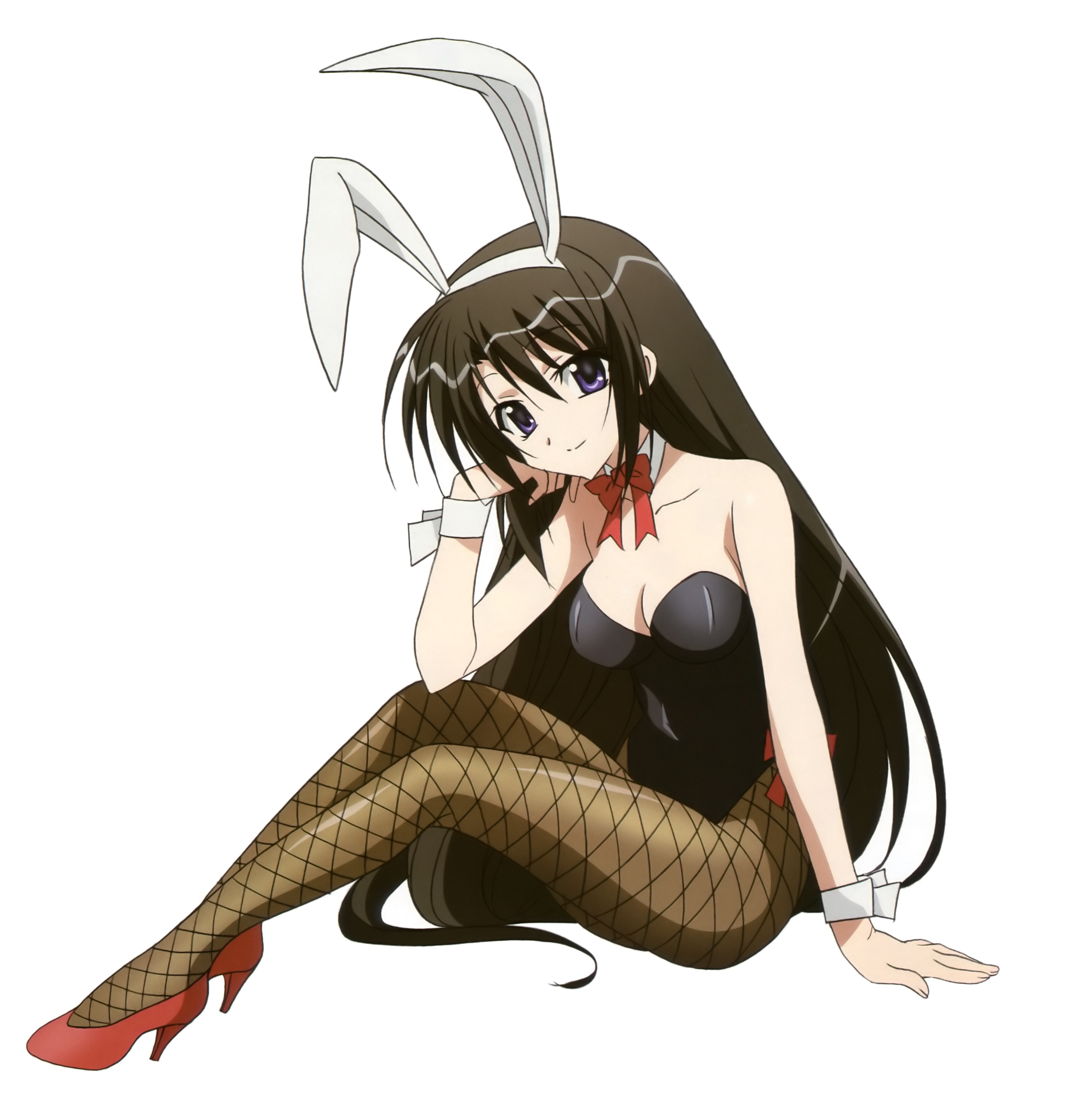 morimoto hirofumi, akaba chizuru, seitokai no ichizon, absurdres, highres, non-web source, 00s, 1girl, animal ears, arm support, bare shoulders, black hair, blue eyes, bow, bowtie, breasts, cleavage, detached collar, fake animal ears, female focus, fishnet pantyhose, fishnets, head tilt, high heels, legs, long hair, pantyhose, playboy bunny, purple eyes, rabbit ears, shoes, sitting, smile, solo, very long hair, wrist cuffs