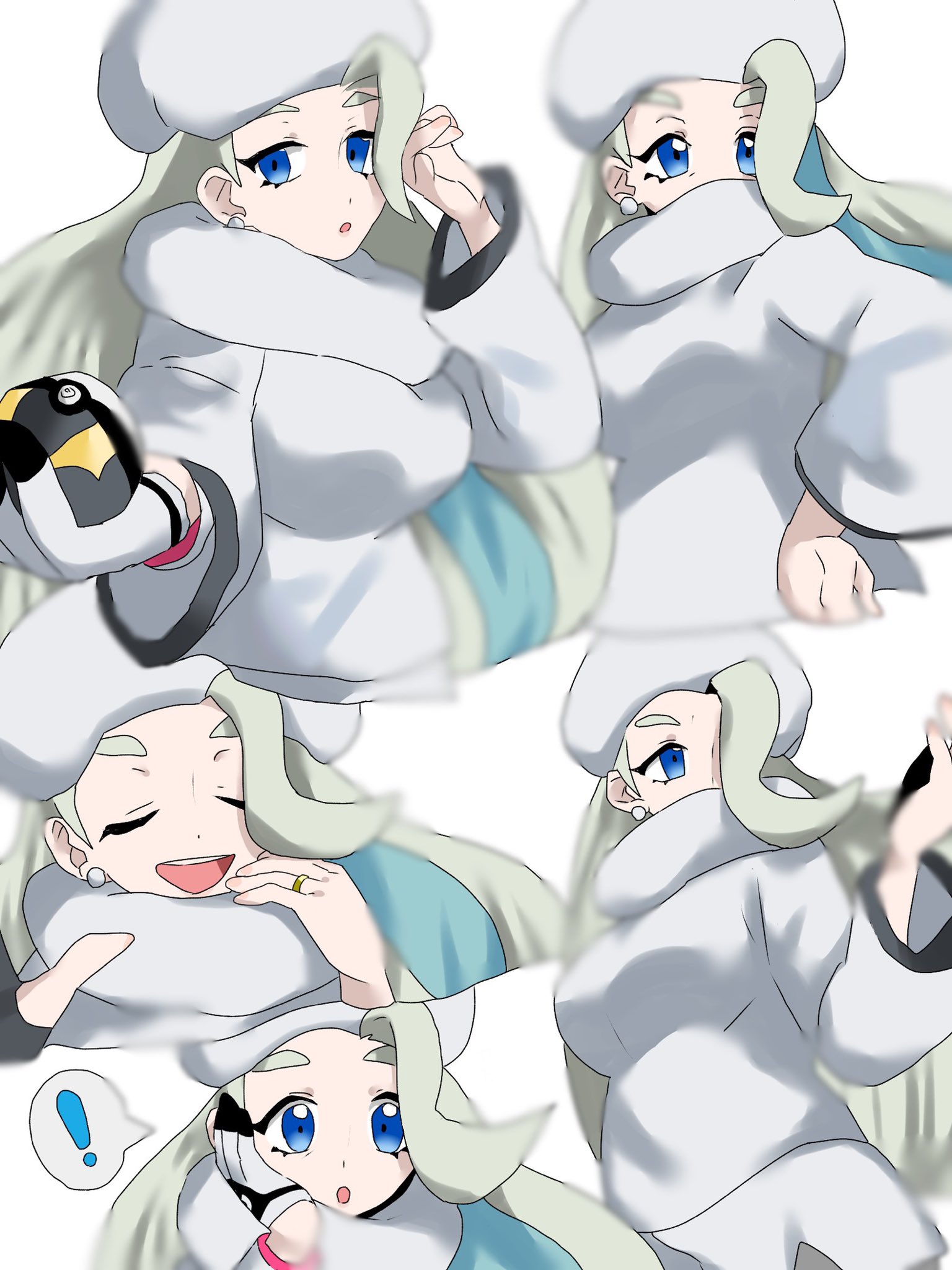 snow glacier901, melony (pokemon), nintendo, pokemon, pokemon swsh, commentary request, highres, !, 1girl, blue eyes, breasts, closed eyes, dynamax band, earrings, fur collar, fur hat, gloves, half-closed eyes, hat, holding, holding poke ball, jewelry, large breasts, long hair, long sleeves, mature female, multicolored hair, multiple expressions, multiple views, open mouth, pearl earrings, poke ball, ring, single glove, smile, solo, spoken exclamation mark, streaked hair, sweater, teeth, ultra ball, upper teeth only, ushanka, wedding ring, white hat, white sweater