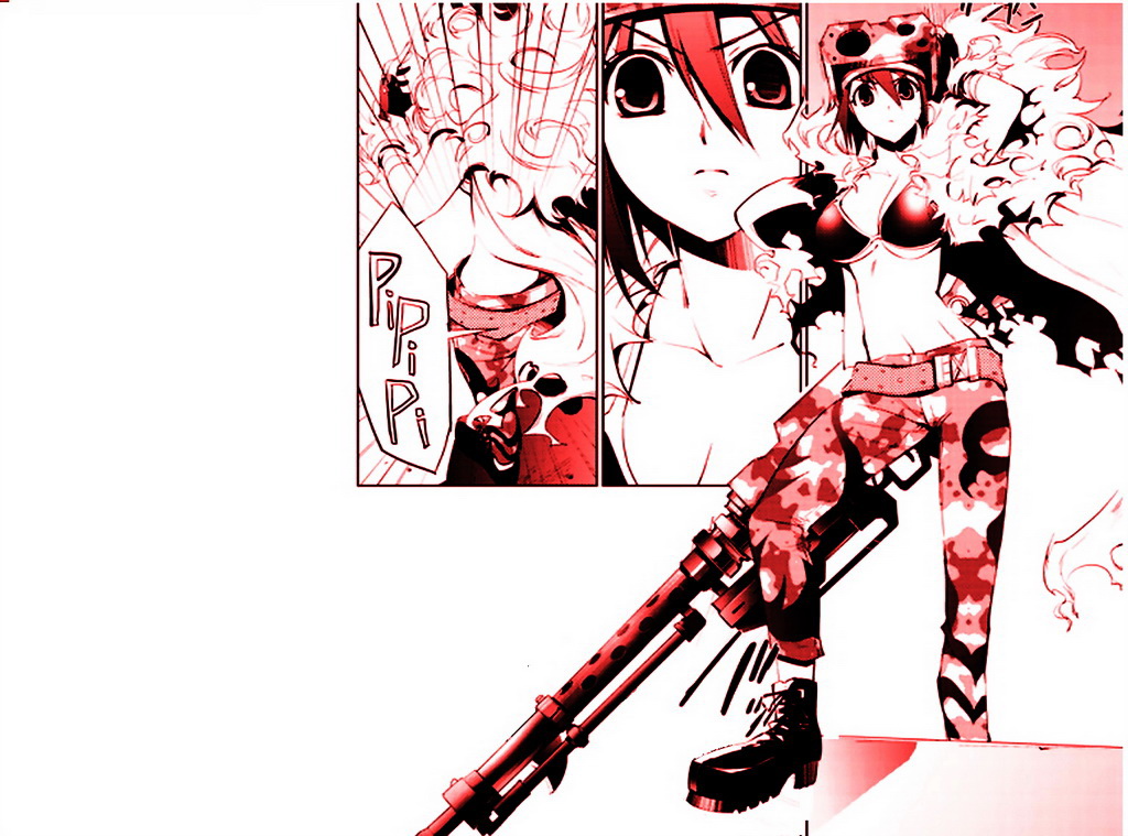 haru haru, oz, seigo tokiya, tokiya seigo, oz (manga), fur, 1girl, belt, breasts, camouflage, cleavage, gun, medium breasts, monochrome, studded belt, underboob, weapon, zipper