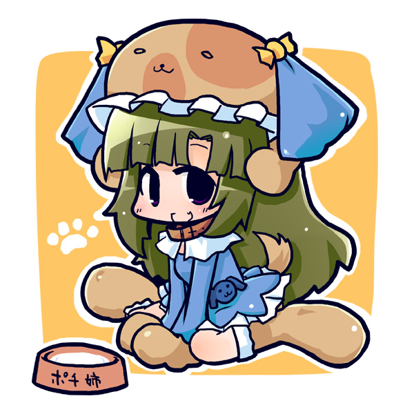 luu, mikogami nagisa, anyamal tantei kirumin zoo, 1girl, :d, animal hat, blue dress, blunt bangs, bowl, brown gloves, dress, female focus, full body, gloves, hat, long sleeves, looking at viewer, open mouth, pet bowl, smile, solo, water