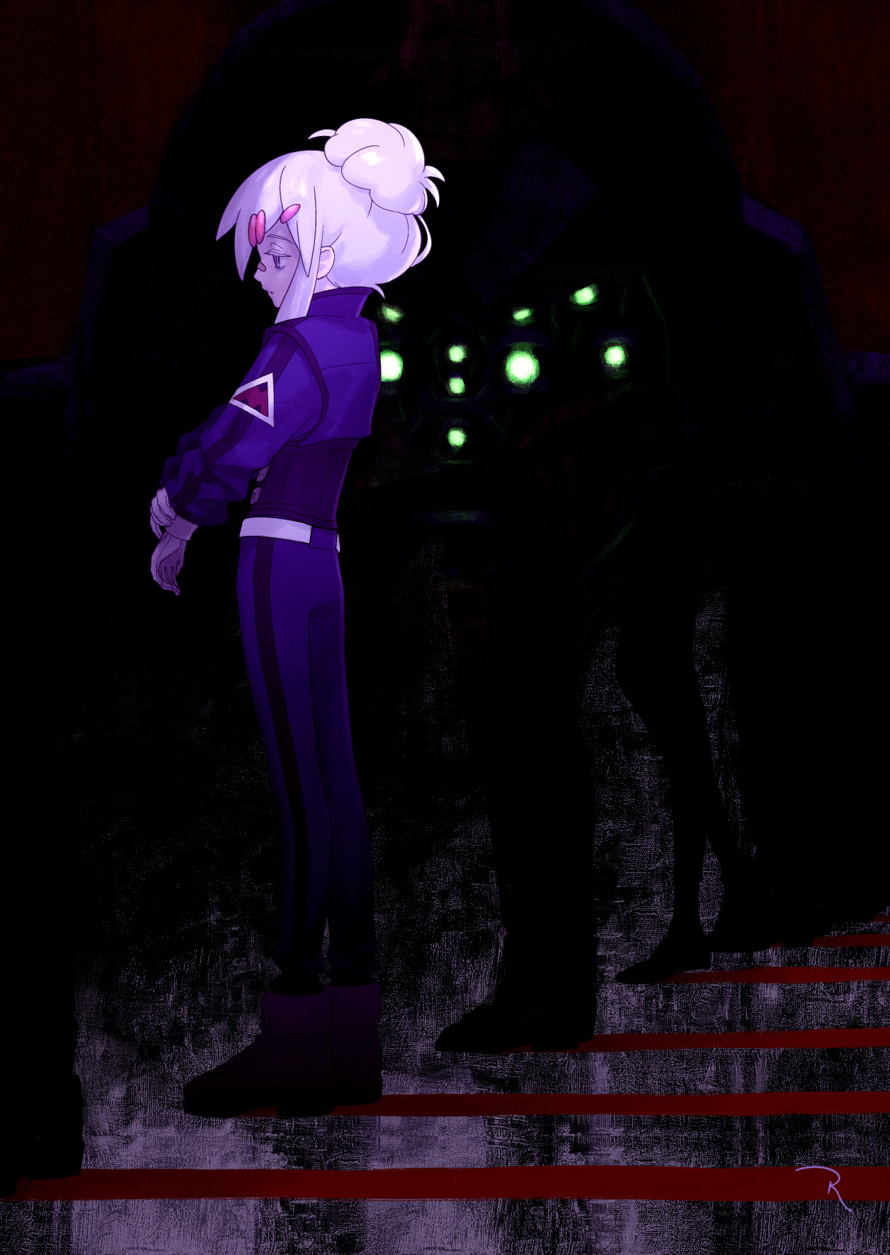 rustle, deux murasame, psycho gundam (gquuuuuux), gundam, gundam gquuuuuux, highres, revision, 1girl, blue eyes, dark, earth federation, expressionless, extra eyes, full body, glowing, glowing eyes, green eyes, grey hair, machinery, mecha, mecha pilot suit, mobile suit, normal suit (gundam), profile, robot, science fiction, updo, when you see it