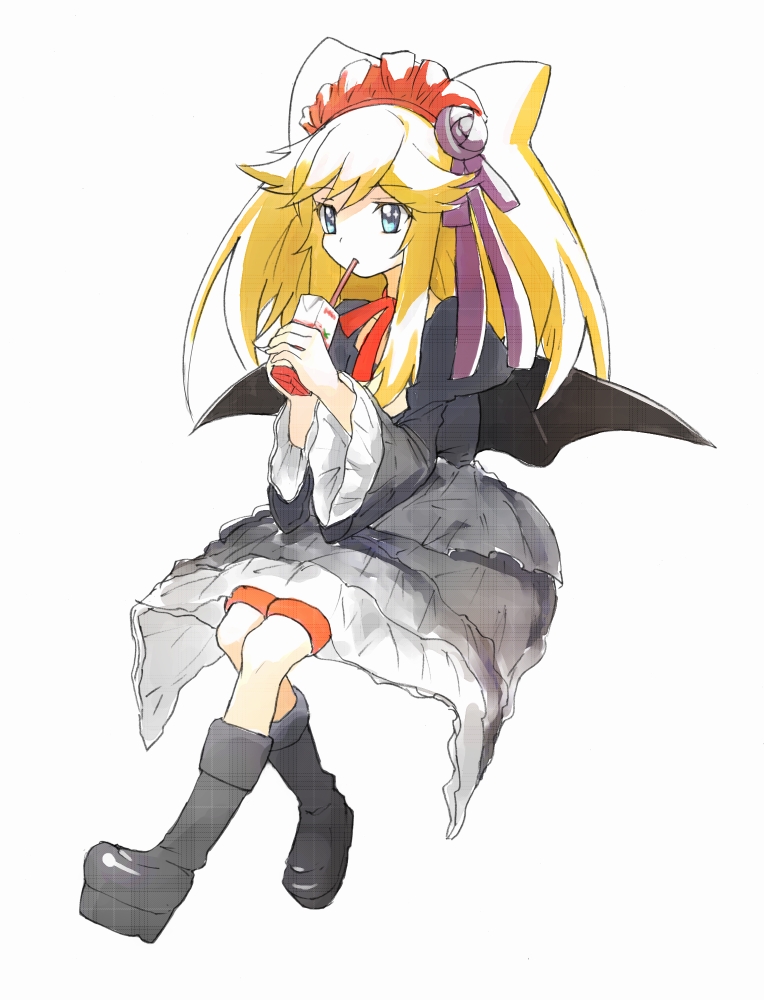 nyama, hatori kanon, anyamal tantei kirumin zoo, bad id, bad pixiv id, 1girl, bat wings, blonde hair, blue eyes, boots, drink carton, female focus, gothic lolita, hairband, juice box, lolita fashion, solo, wings