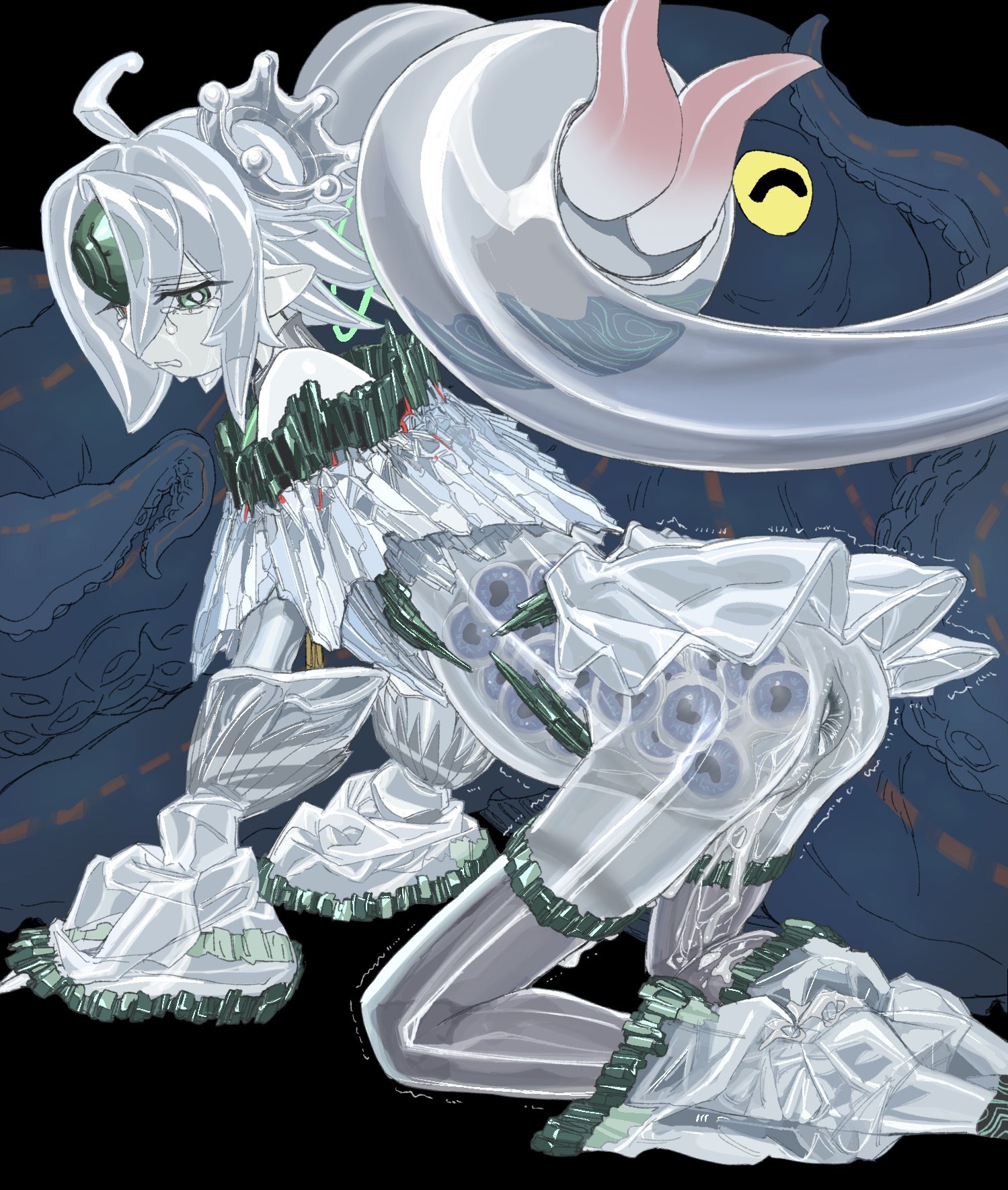 orrdriver, icejade aegirine, icejade gymir aegirine, underworld egg clutch, yu-gi-oh!, highres, 1boy, 1girl, all fours, anal, anal object insertion, anus, ass, belly, black background, clenched teeth, crying, crying with eyes open, cum, cum in pussy, cumdrip, dress, duel monster, egg, gem, green gemstone, jewelry, looking back, looking down, looking to the side, monster, motion lines, object insertion, parted lips, see-through body, see-through clothes, see-through dress, simple background, size difference, tears, teeth, tentacle pit, tentacles, tiara, translucent, translucent hair, trembling