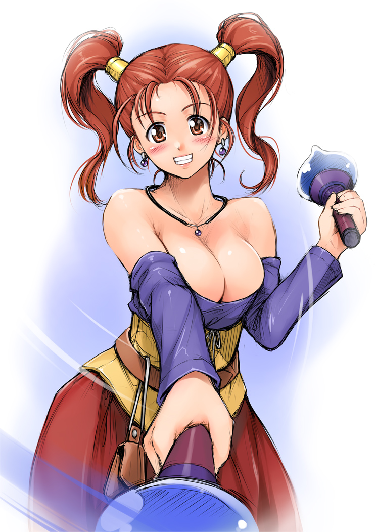 shinozuka jouji, jessica albert, dragon quest, dragon quest viii, square enix, 1girl, bare shoulders, blush, breasts, brown eyes, brown hair, cleavage, corset, dress, earrings, female focus, grin, jewelry, large breasts, off shoulder, purple shirt, red hair, shirt, smile, solo, strapless, strapless dress, twintails