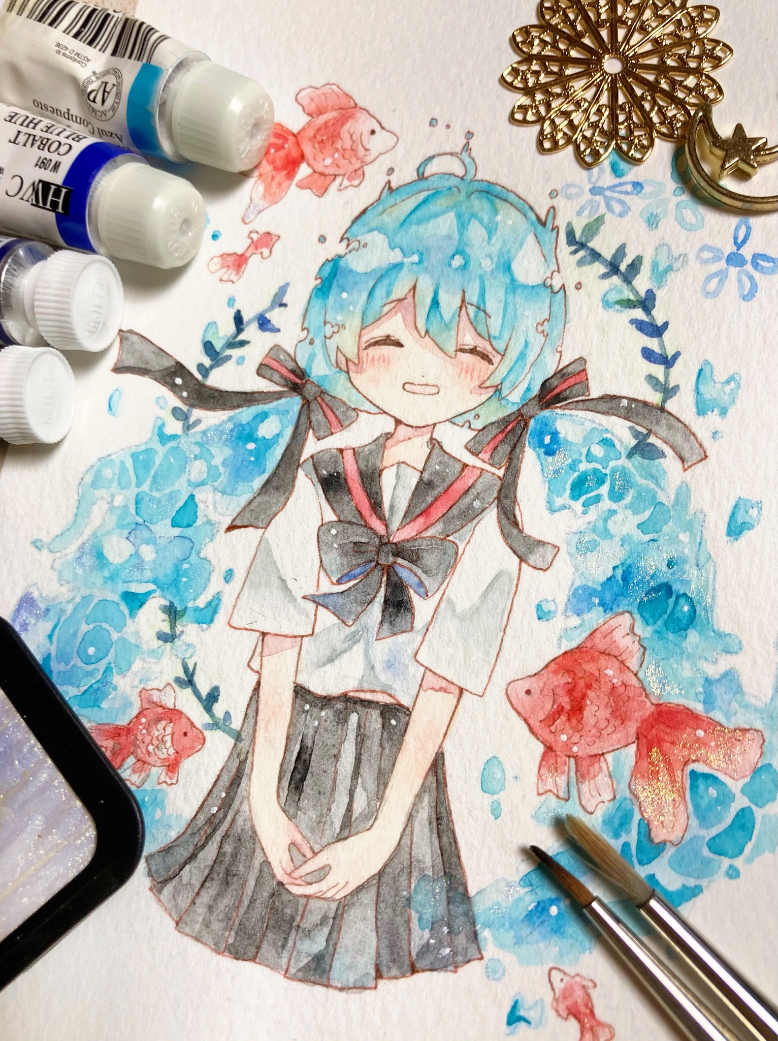 aoyagi874, bottle miku, hatsune miku, vocaloid, commentary, highres, painting (medium), photo (medium), traditional media, watercolor (medium), 1girl, ahoge, aqua hair, art tools in frame, black bow, black ribbon, black skirt, blush, bow, closed eyes, cowboy shot, fish, floral background, goldfish, gradient hair, hair ribbon, large bow, leaf, long hair, multicolored hair, own hands together, pale skin, parted bangs, pleated skirt, ribbon, sailor collar, school uniform, shirt, short sleeves, simple background, skirt, smile, standing, twintails, water, white background, white shirt
