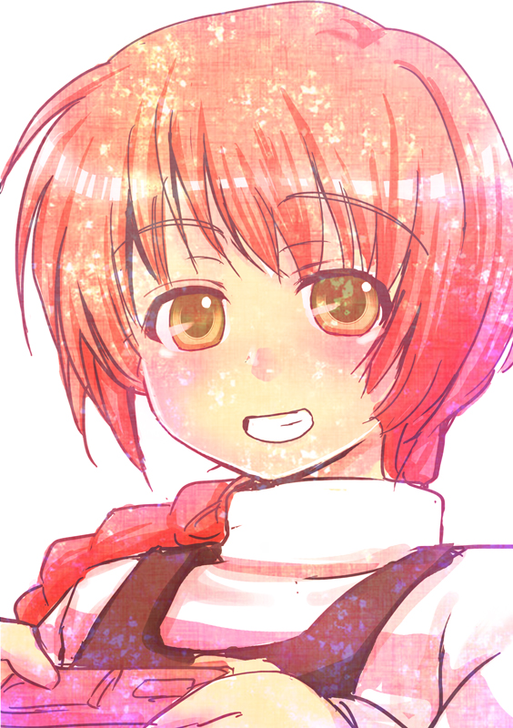 aikura (twilight dusk), suou pavlichenko, darker than black, 00s, braid, camera, red hair, shirt, single braid, smile, solo, striped clothes, striped shirt