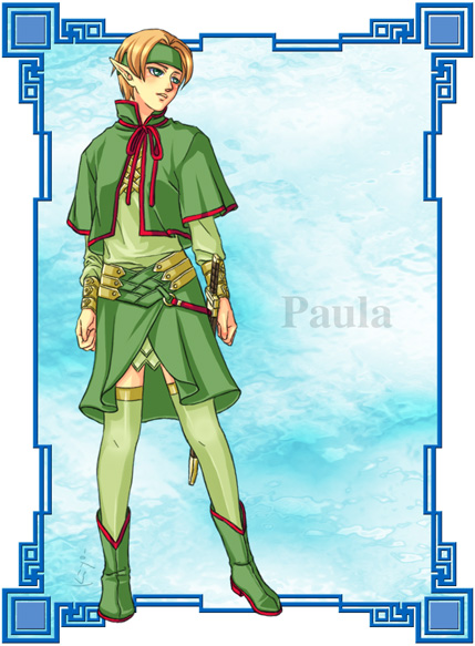 broken-land, paula (suikoden), gensou suikoden, gensou suikoden iv, 1girl, aqua background, blue background, boots, character name, elf, female focus, full body, green eyes, green headband, green shirt, green skirt, green thighhighs, headband, looking to the side, orange hair, parted lips, pointy ears, red ribbon, ribbon, scabbard, sheath, sheathed, shirt, shoes, short hair, skirt, solo, standing, sword, thighhighs, weapon