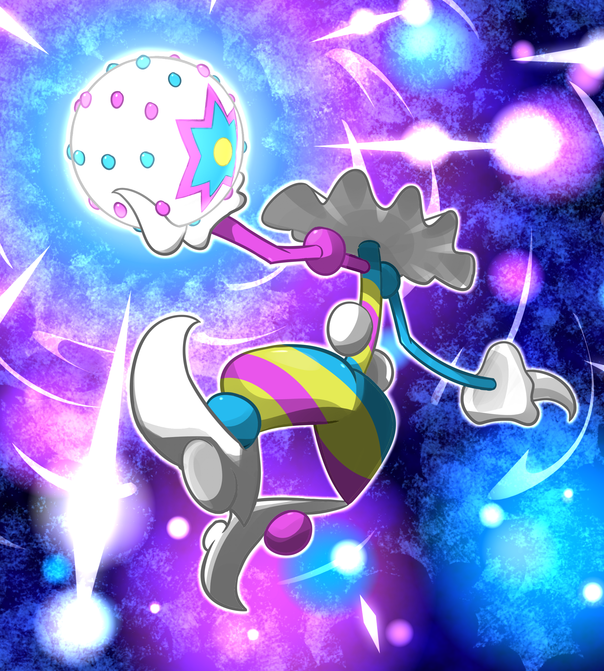 kei (jelsamscout), blacephalon, nintendo, pokemon, commentary, highres, full body, gen 7 pokemon, holding, holding detached head, outline, pokemon (creature), pokemon focus, solo, ultra beast, white outline