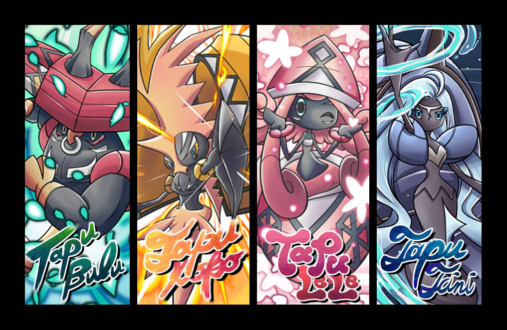 ria (devolleyaile), tapu bulu, tapu fini, tapu koko, tapu lele, nintendo, pokemon, commentary request, arm up, black border, border, character name, electricity, eyelashes, gen 7 pokemon, horns, legendary pokemon, multicolored eyes, nose, pokemon (creature), pokemon focus, water
