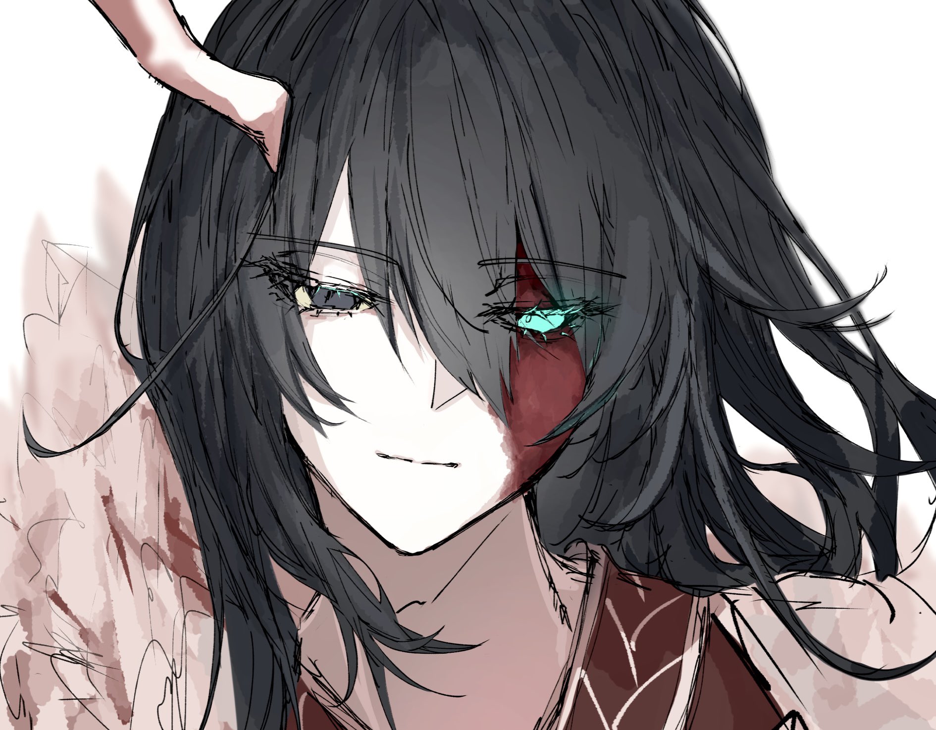 hong lu (project moon), limbus company, project moon, chinese commentary, commentary request, highres, 1boy, androgynous, black eyes, black hair, blood, blood on face, blue eyes, closed mouth, dragon boy, dragon horns, e.g.o (project moon), eyelashes, heterochromia, horns, long hair, male focus, ritaritatter96, solo, tears of the tarnished blood (e.g.o), upper body, white background