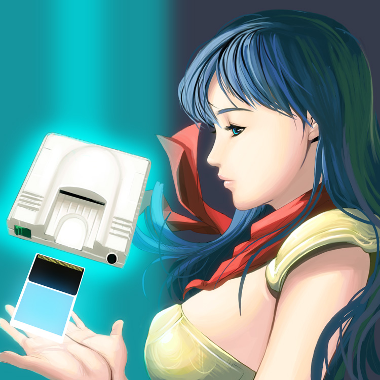 kouno (masao), asou yuuko, mugen senshi valis, nec corporation, telenet japan, valis, console, bad id, bad pixiv id, 1girl, armor, bikini armor, blue background, blue eyes, blue hair, female focus, game console, long hair, matching hair/eyes, neckerchief, pc engine, retro artstyle, scarf, solo, upper body