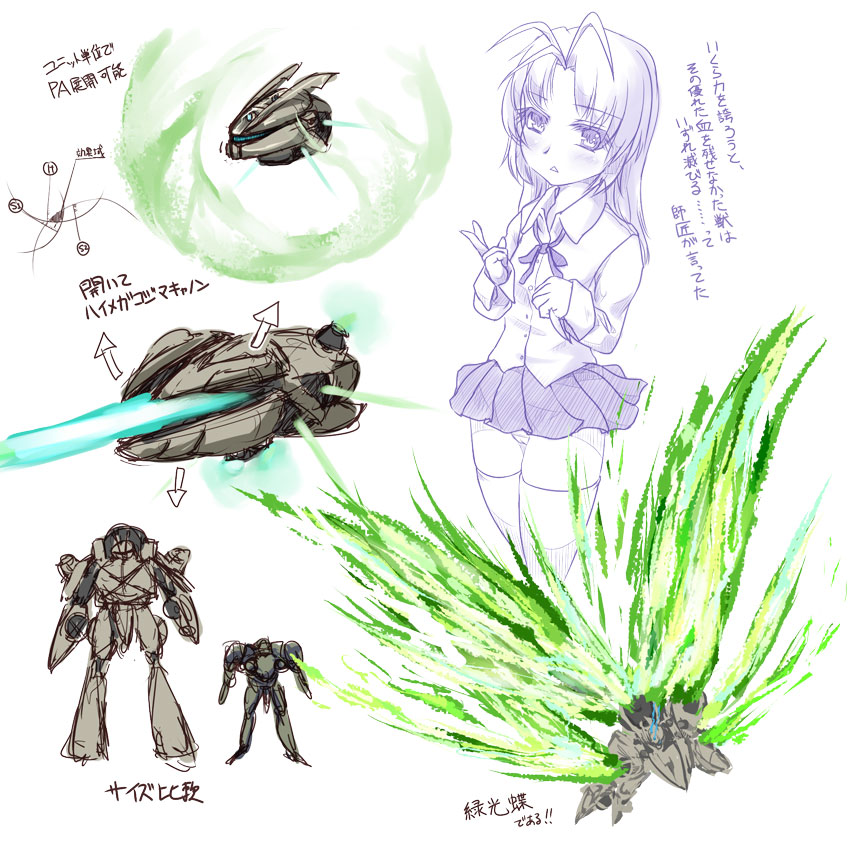 armored core, fromsoftware, head, translation request, 1girl, energy, female focus, floating, mecha, panties, partially colored, robot, school uniform, skirt, solo, underwear, white background