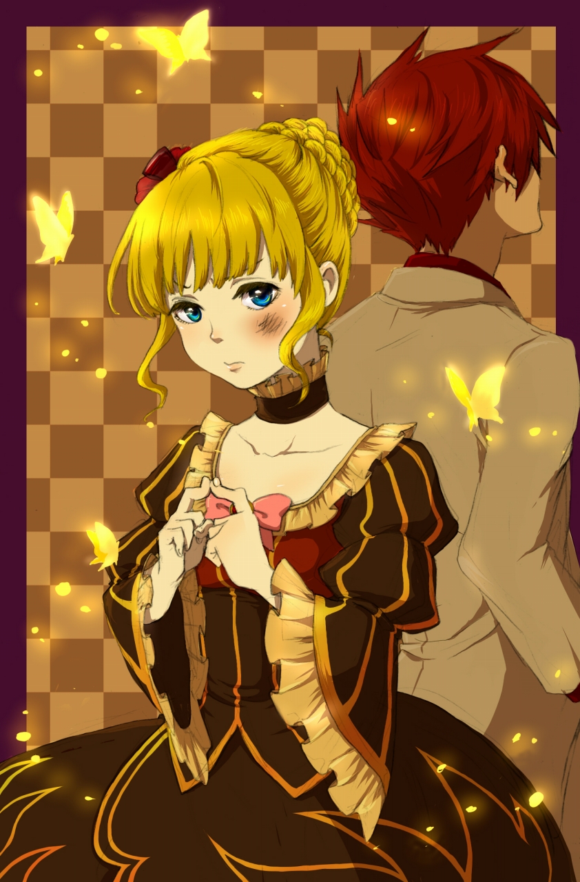 yonchi, beatrice (umineko), ushiromiya battler, umineko no naku koro ni, bad id, bad pixiv id, highres, 00s, 1boy, 1girl, blonde hair, blue eyes, bug, butterfly, dress, flower, frills, hair ornament, pout, red hair, rose