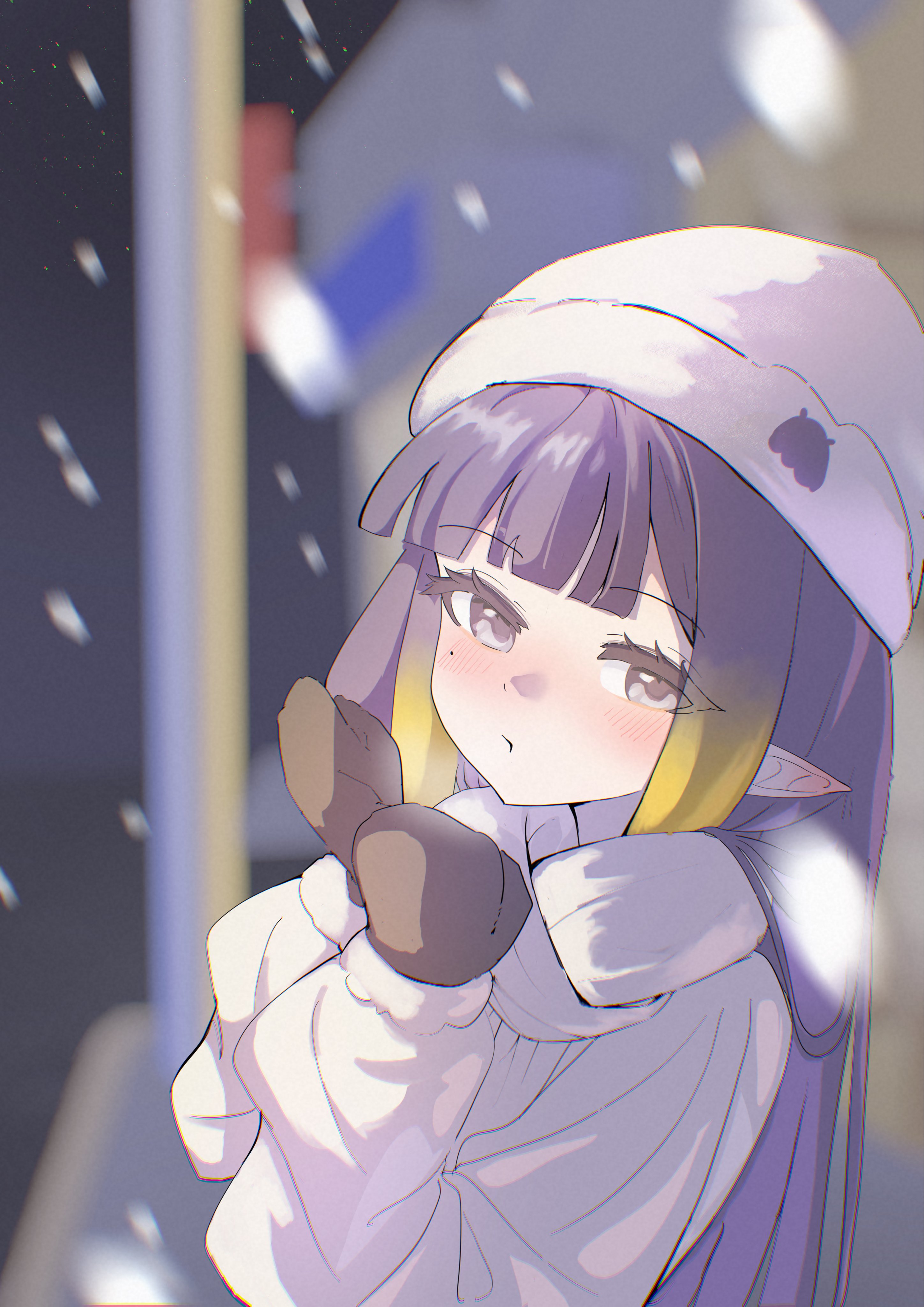 ninomae ina'nis, hololive, hololive english, absurdres, highres, 1girl, beanie, blush, closed mouth, hat, long sleeves, looking at viewer, mittens, mole, mole under eye, pointy ears, purple eyes, purple hair, snowing, solo, sweater, tentacle hair, virtual youtuber, winter clothes, zeek