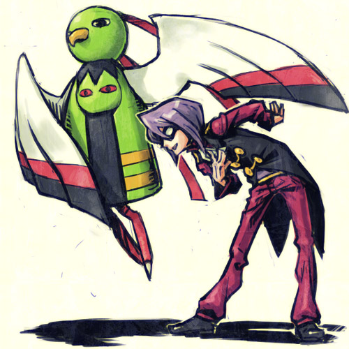 meimaru inuchiyo, will (pokemon), xatu, nintendo, pokemon, pokemon gsc, lowres, 1990s (style), 1boy, arm behind back, bent over, bowing, domino mask, elite four, eye mask, formal clothes, full body, gen 2 pokemon, hand on another's chest, hand on own chest, long sleeves, male focus, mask, pants, pokemon (creature), purple hair, retro artstyle, shadow, shoes, simple background, standing, tailcoat, vest