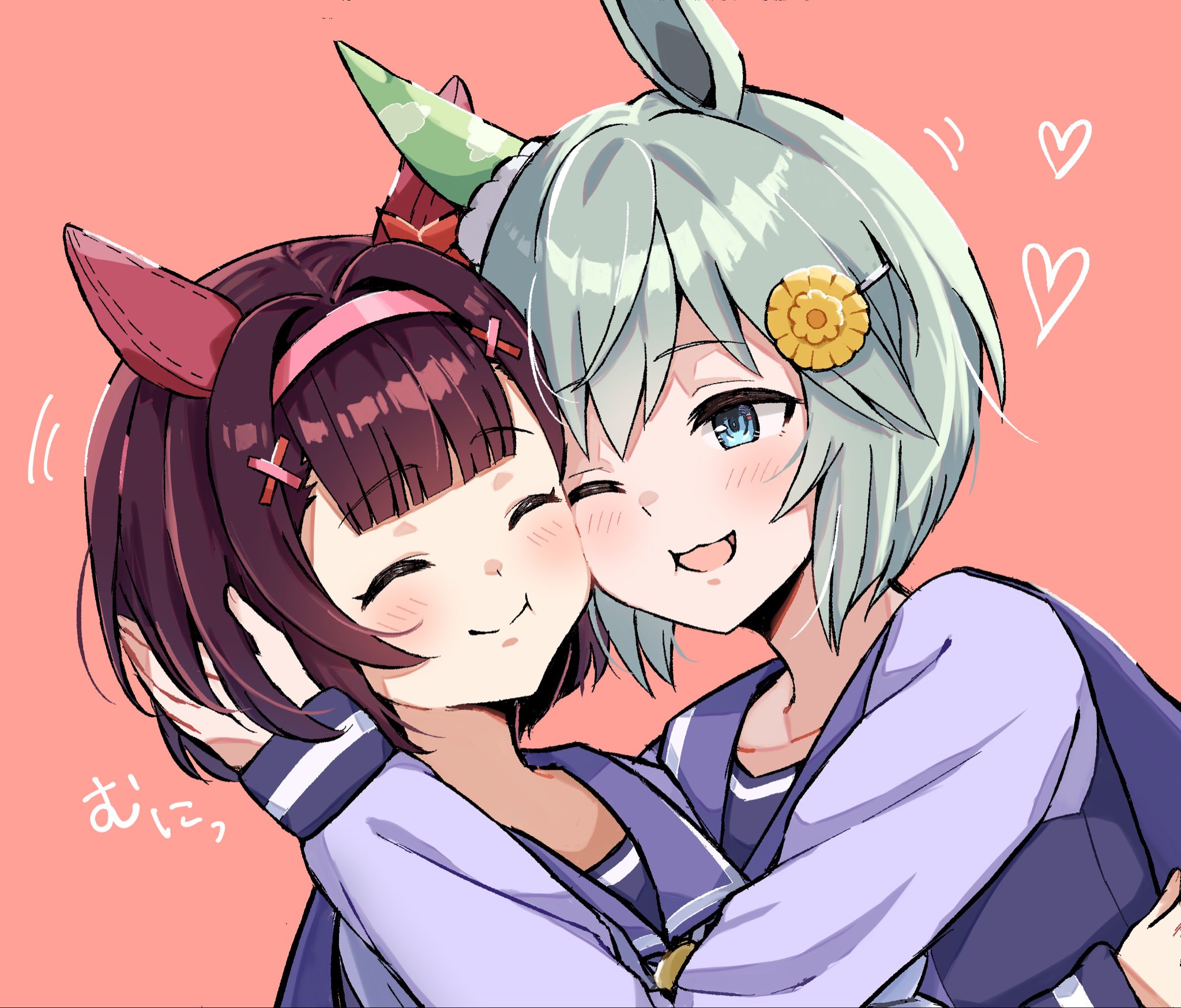 konomaru, nishino flower (umamusume), seiun sky (umamusume), umamusume, commentary request, highres, translation request, 2girls, animal ears, blue eyes, blush, cheek-to-cheek, closed eyes, ear covers, hair ornament, hairband, hairclip, hand on another's head, heads together, horse ears, horse girl, long sleeves, multiple girls, one eye closed, open mouth, pink background, school uniform, short hair, single ear cover, smile, tracen school uniform, x hair ornament