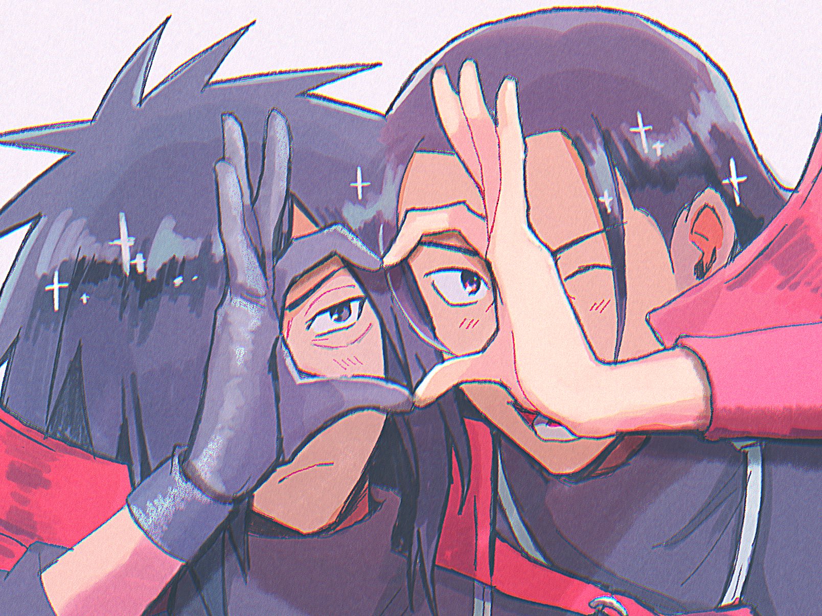 senju tobirama, uchiha madara, naruto (series), naruto shippuuden, highres, 2boys, bags under eyes, black eyes, black gloves, black hair, black shirt, brown eyes, brown hair, closed mouth, gloves, heart, heart hands, heart hands duo, hipstep jumping, light blush, long hair, looking at viewer, male focus, multiple boys, open mouth, parted lips, shirt, smile, sparkle, upper body, white background
