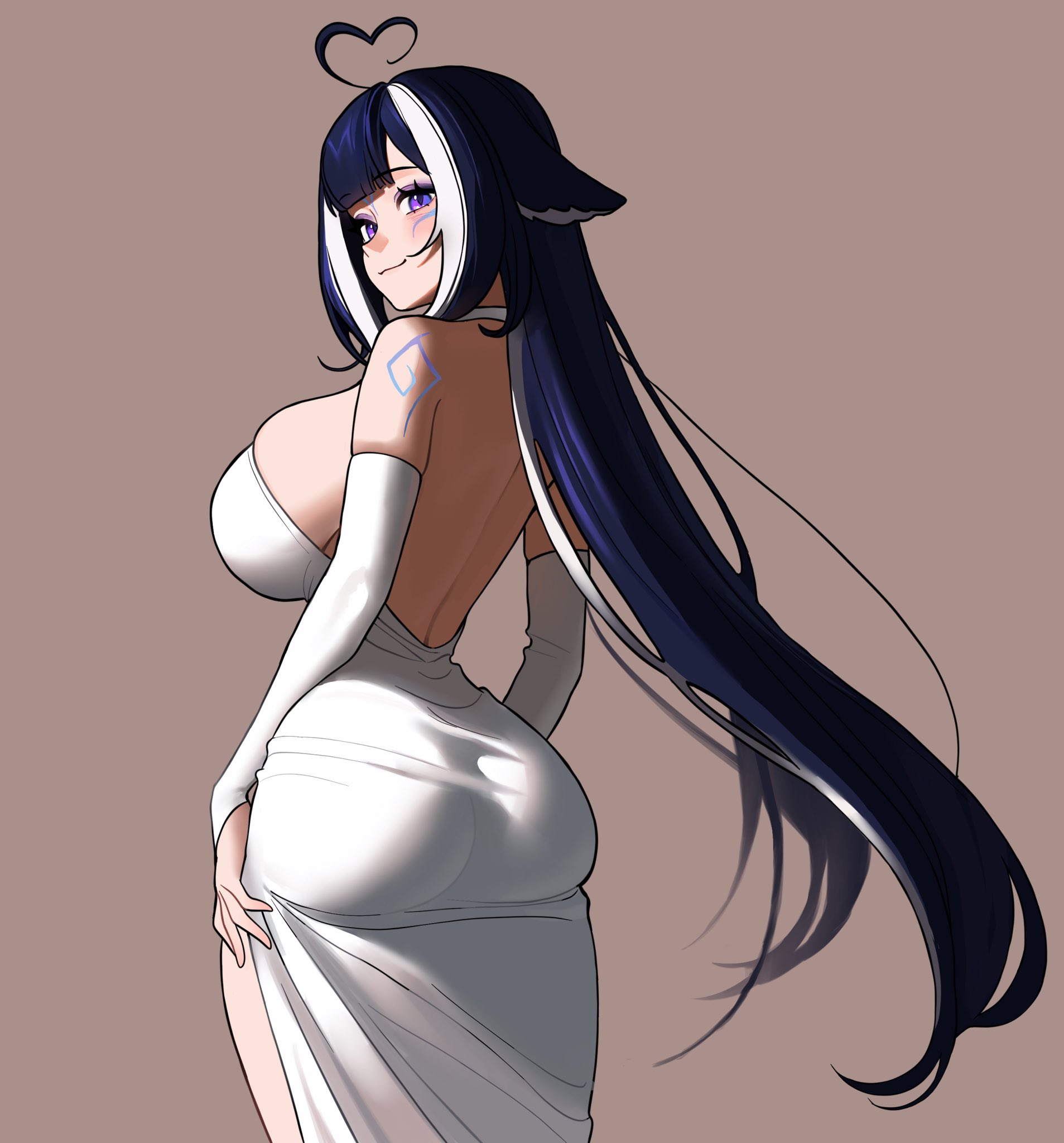 shylily, indie virtual youtuber, commentary, english commentary, highres, 1girl, ahoge, alternate costume, ass, backless dress, backless outfit, blue hair, blunt bangs, blush, body markings, breasts, brown background, choker, closed mouth, cowboy shot, detached sleeves, dress, eyelashes, eyeshadow, from behind, from side, heart, heart ahoge, large breasts, long hair, looking at viewer, looking back, makeup, mlkhimari, multicolored hair, no tail, orca girl, purple eyes, purple eyeshadow, side slit, sideboob, simple background, smile, solo, strapless, strapless dress, streaked hair, two-tone hair, virtual youtuber, wedding dress, white choker, white dress, white hair, white sleeves