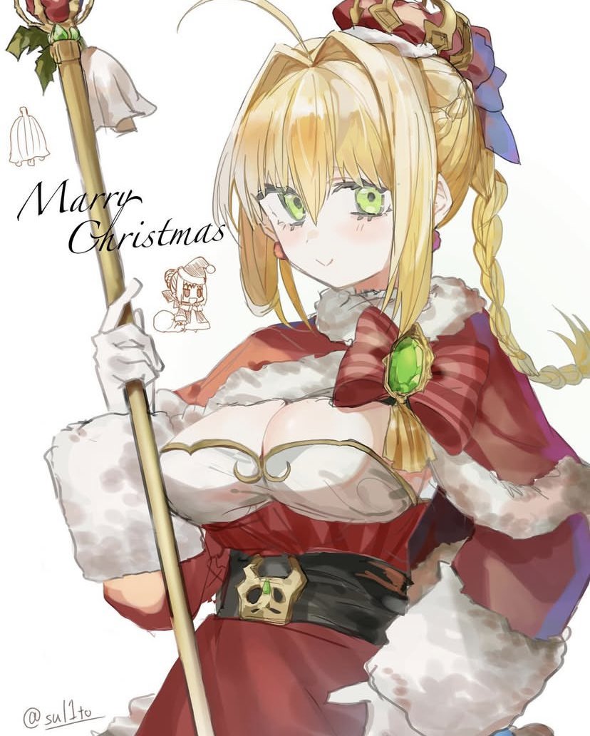 tsukikaze aki, nero claudius (fate), nero claudius (fate/extra), fate/extra, fate (series), commentary request, 1girl, ahoge, blonde hair, bow, braid, breasts, capelet, christmas, cleavage, crown, dress, earrings, gem, green eyes, green gem, hair bow, hair intakes, hand on own hip, jewelry, large breasts, looking at viewer, meme, padoru (meme), red capelet, santa costume, santa dress, smile, solo, staff, twitter username