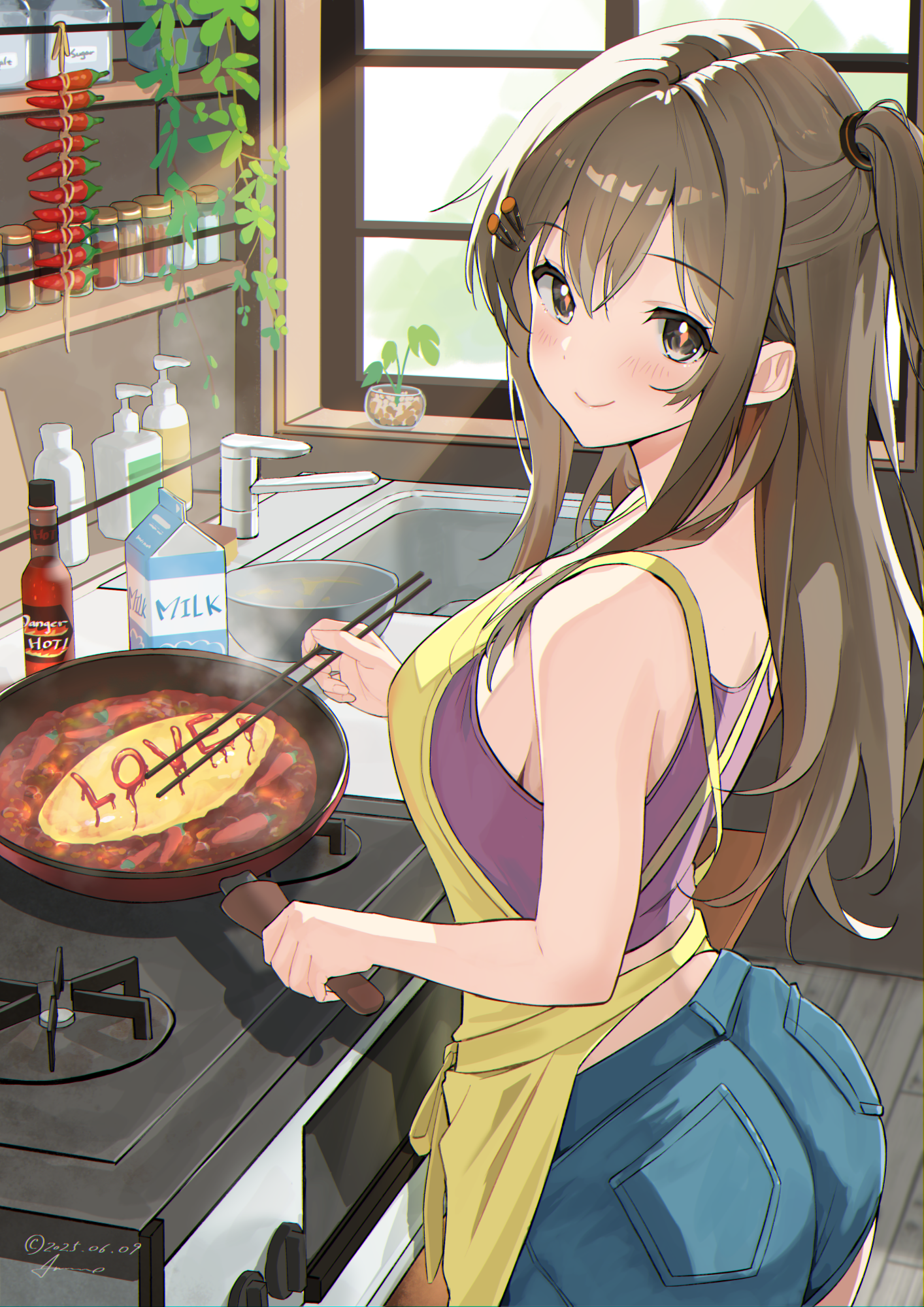 ammo21204760, k2 (girls' frontline), yoohee (girls' frontline 2), girls' frontline, girls' frontline 2: exilium, commentary request, highres, revision, 1girl, apron, bare arms, bowl, breasts, brown eyes, brown hair, chili pepper, chopsticks, cooking, cowboy shot, dated, denim, denim skirt, food, frying pan, hair ornament, hairclip, holding, holding chopsticks, holding frying pan, indoors, kitchen, long hair, looking at viewer, looking to the side, milk, miniskirt, omelet, one side up, pink pupils, purple tank top, sink, sinking, skirt, smile, solo, stove, tank top, yellow apron