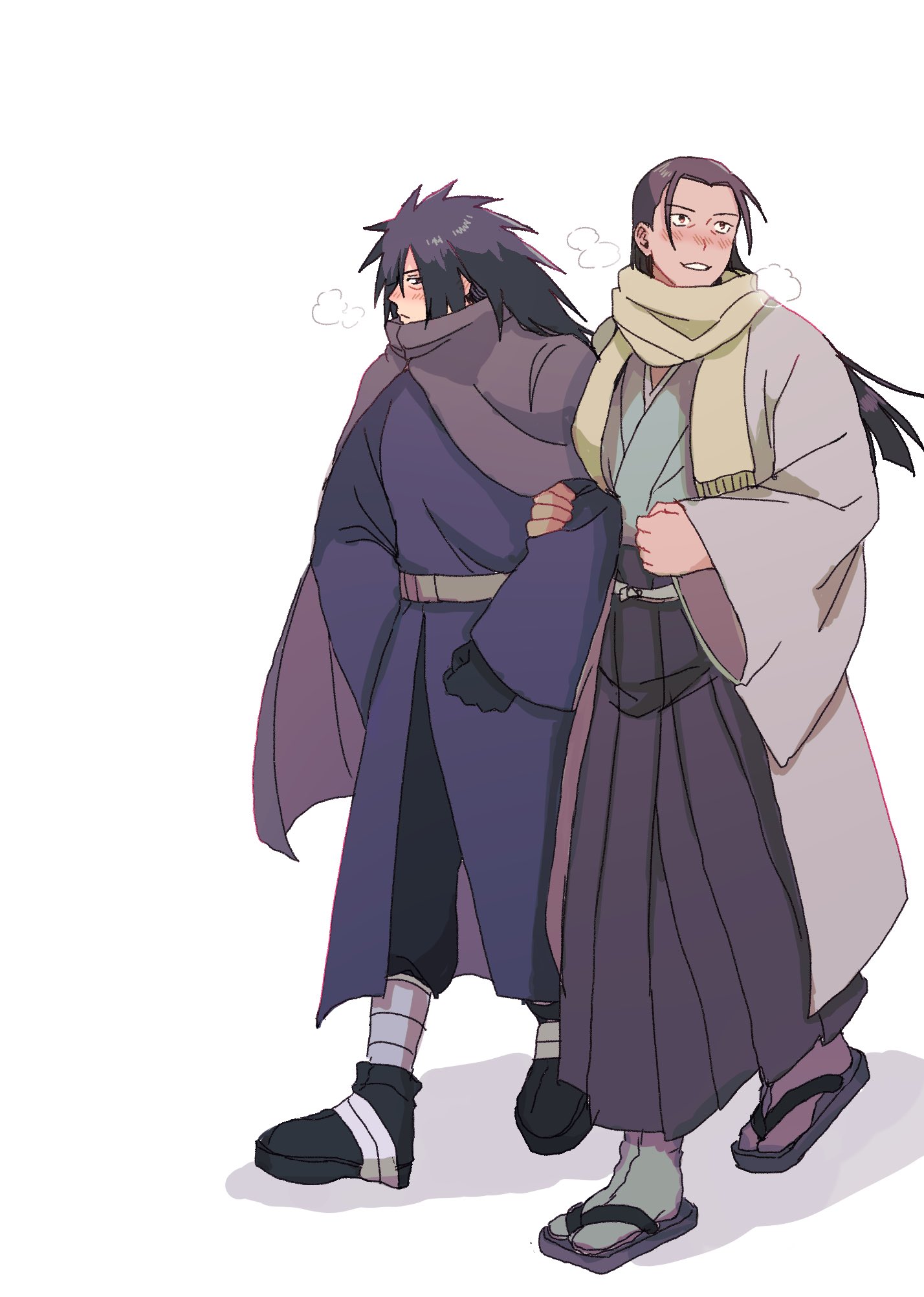 senju tobirama, uchiha madara, naruto (series), naruto shippuuden, commentary request, highres, 2boys, black hair, black pants, black shoes, blunt ends, brown hair, full body, hair between eyes, hipstep jumping, holding another's arm, japanese clothes, light blush, long hair, male focus, multiple boys, pants, parted lips, sandals, scarf, shoes, smile, spiked hair, white background, yellow scarf