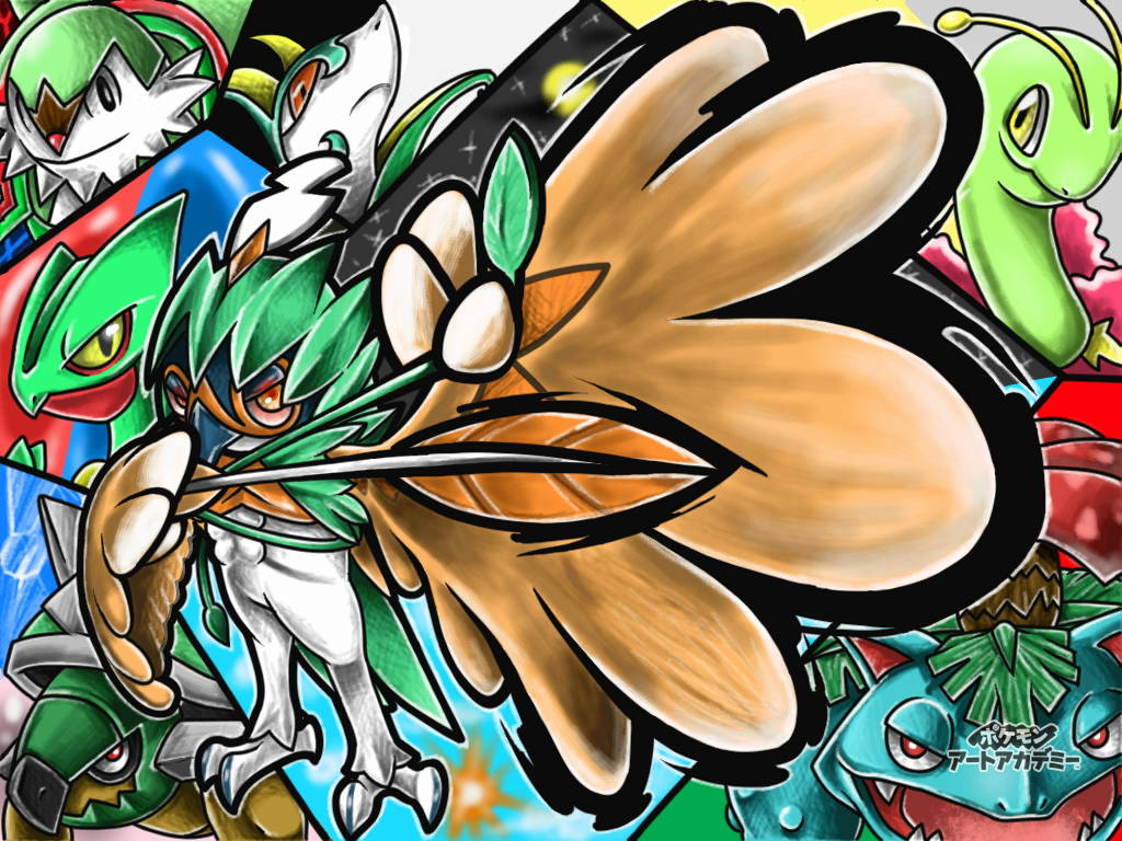 rindou (l2 pkmn), chesnaught, decidueye, meganium, sceptile, serperior, torterra, venusaur, nintendo, pokemon, pokemon art academy, commentary request, antennae, arrow (projectile), art academy (medium), artistic error, black eyes, bright pupils, closed mouth, fangs, gen 1 pokemon, gen 2 pokemon, gen 3 pokemon, gen 4 pokemon, gen 5 pokemon, gen 6 pokemon, gen 7 pokemon, leaf, nostrils, open mouth, orange eyes, pokemon (creature), pokemon focus, red eyes, smile, trait connection, white pupils, yellow eyes