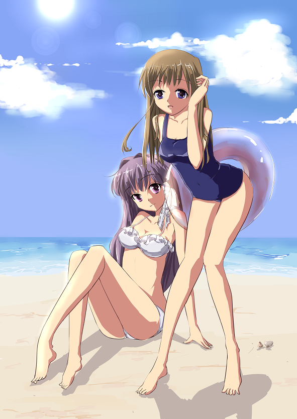 fuyuko, fujibayashi kyou, miyazawa yukine, clannad, 00s, 2girls, barefoot, beach, bikini, brown hair, day, feet, innertube, legs, long hair, multiple girls, one-piece swimsuit, outdoors, purple eyes, purple hair, school swimsuit, sun, swim ring, swimsuit