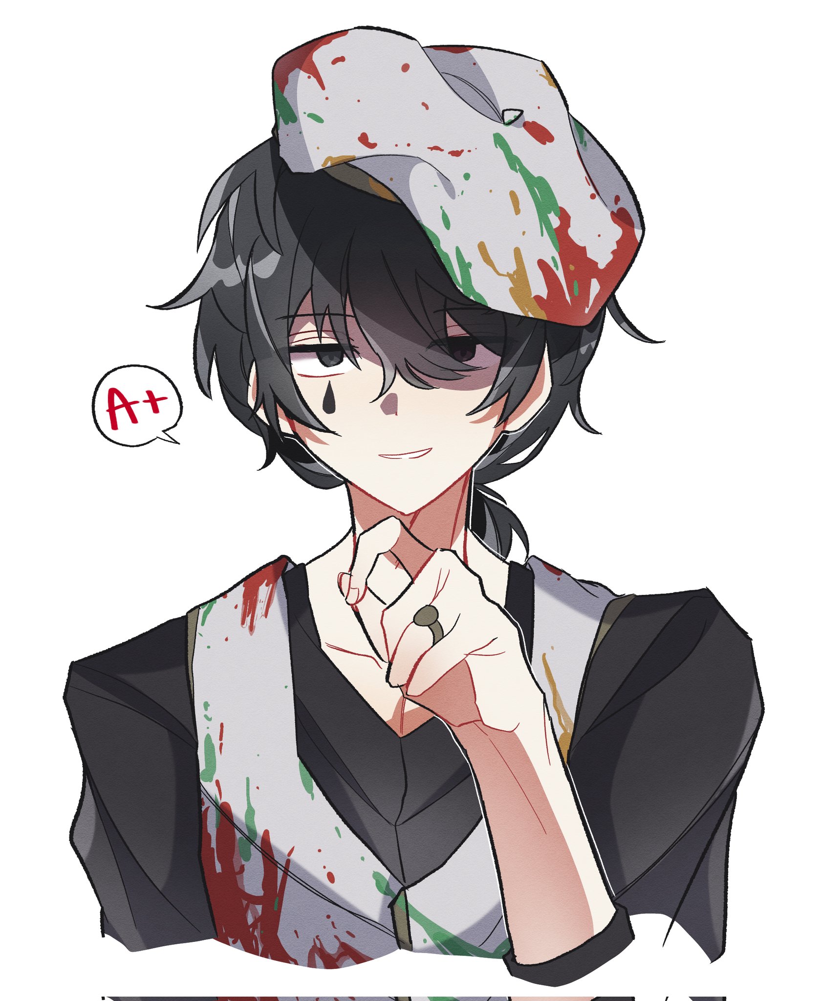 yi sang (project moon), limbus company, project moon, commentary, corrupted twitter file, highres, 1boy, black eyes, black hair, hair between eyes, hat, male focus, paint, partially shaded face, ring (identity) (project moon), short hair, shrimkii, simple background, smile, solo, teardrop facial mark, upper body, white background, white hat